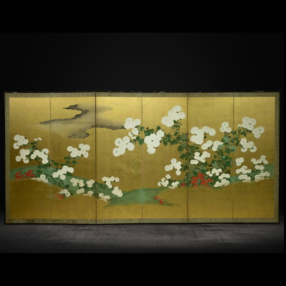 18th Century and Earlier Late Edo Period Rinpa School Chrysanthemum Blossom Screen For Sale