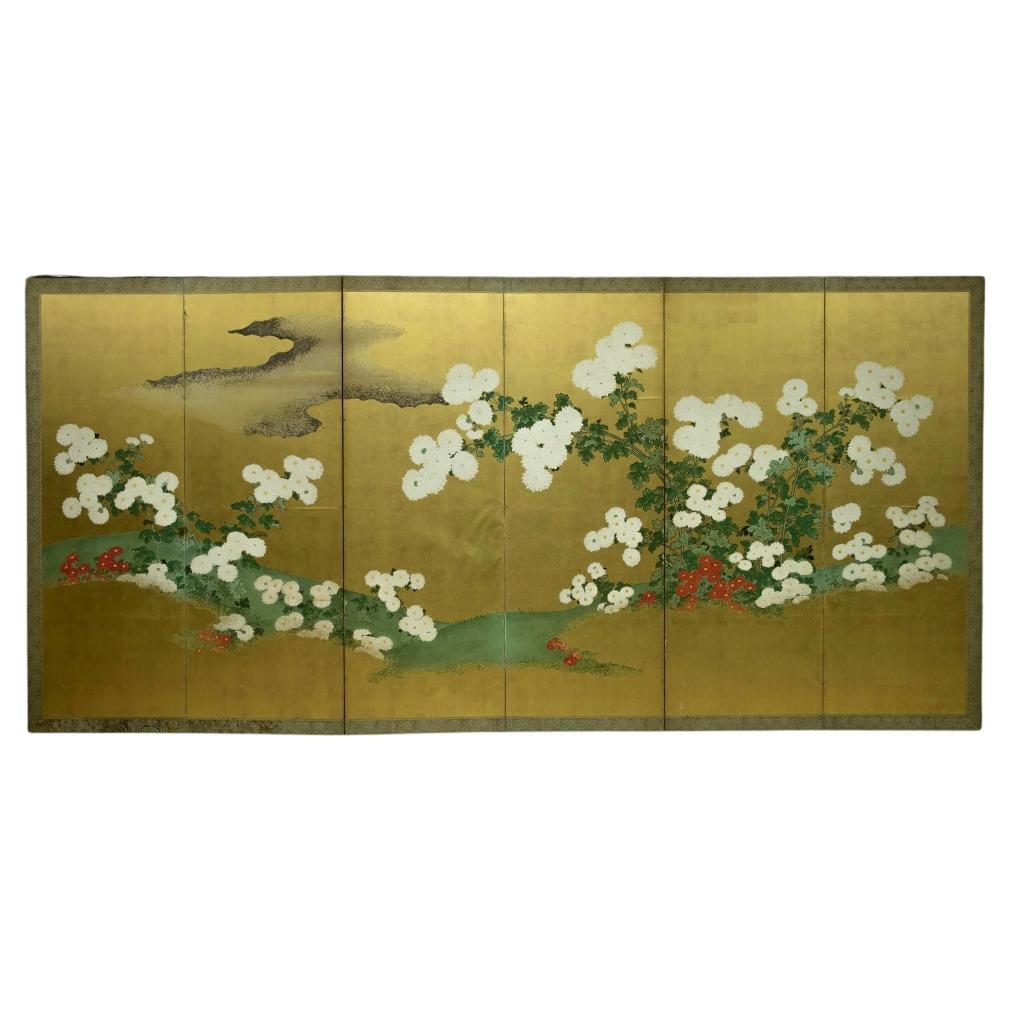 Late Edo Period Rinpa School Chrysanthemum Blossom Screen For Sale