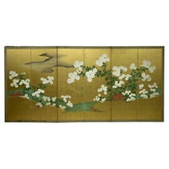 Antique Late Edo Period Rinpa School Chrysanthemum Blossom Screen