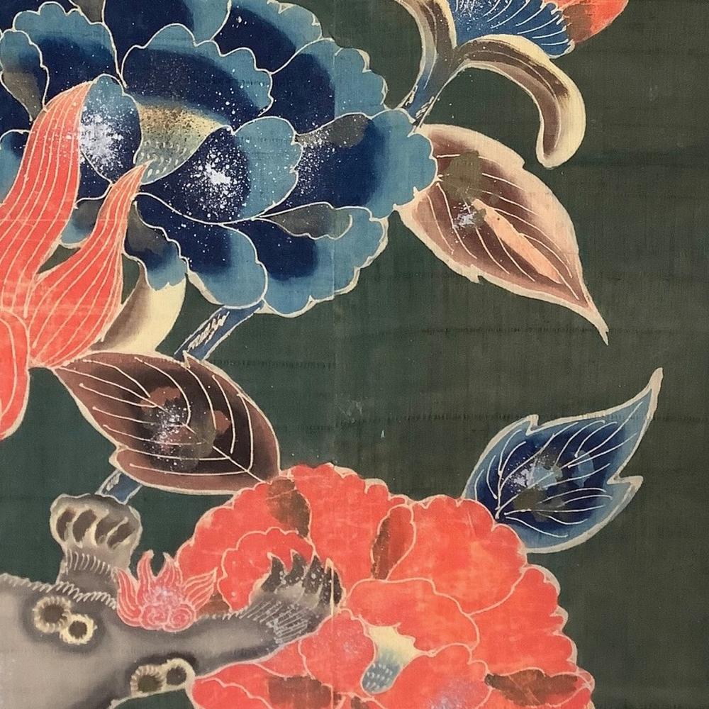 Fin de la période Edo Tsutsugaki 筒描 Auspicious Shishi Batik Screen Excellent état - En vente à Fukuoka, JP