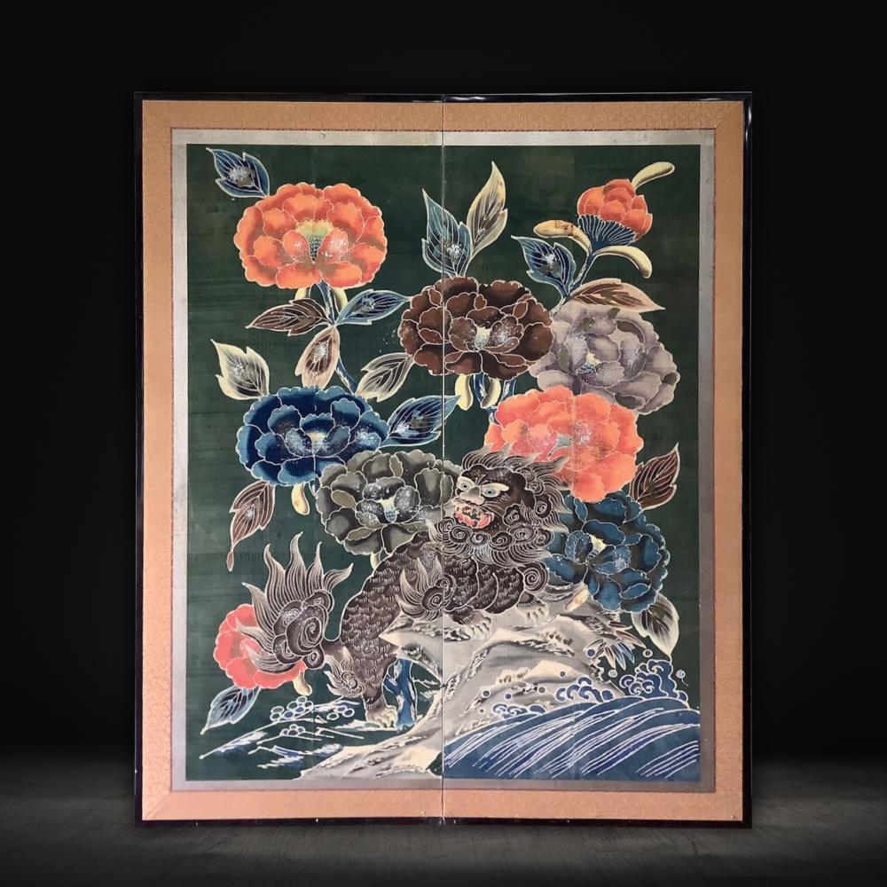 Fin de la période Edo Tsutsugaki 筒描 Auspicious Shishi Batik Screen en vente 1
