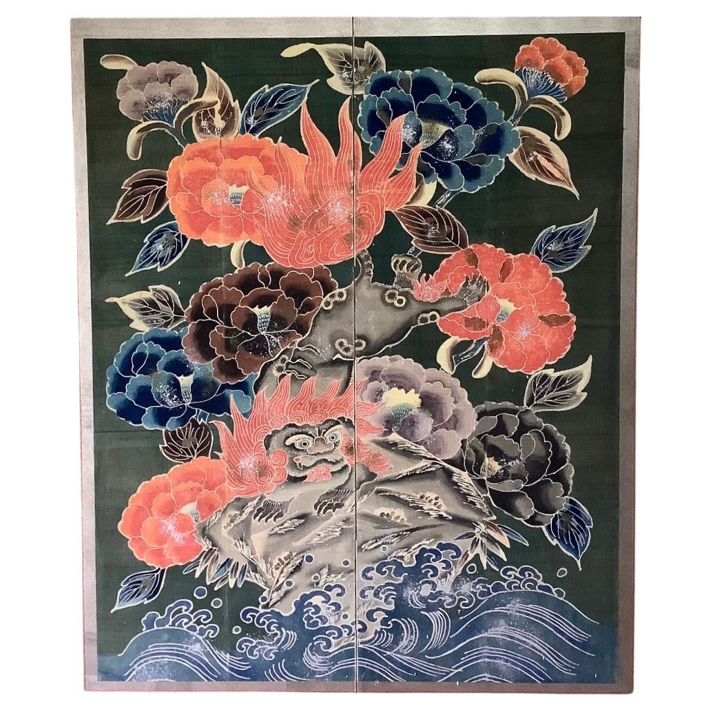 Late Edo period Tsutsugaki 筒描 Auspicious Shishi Batik Screen