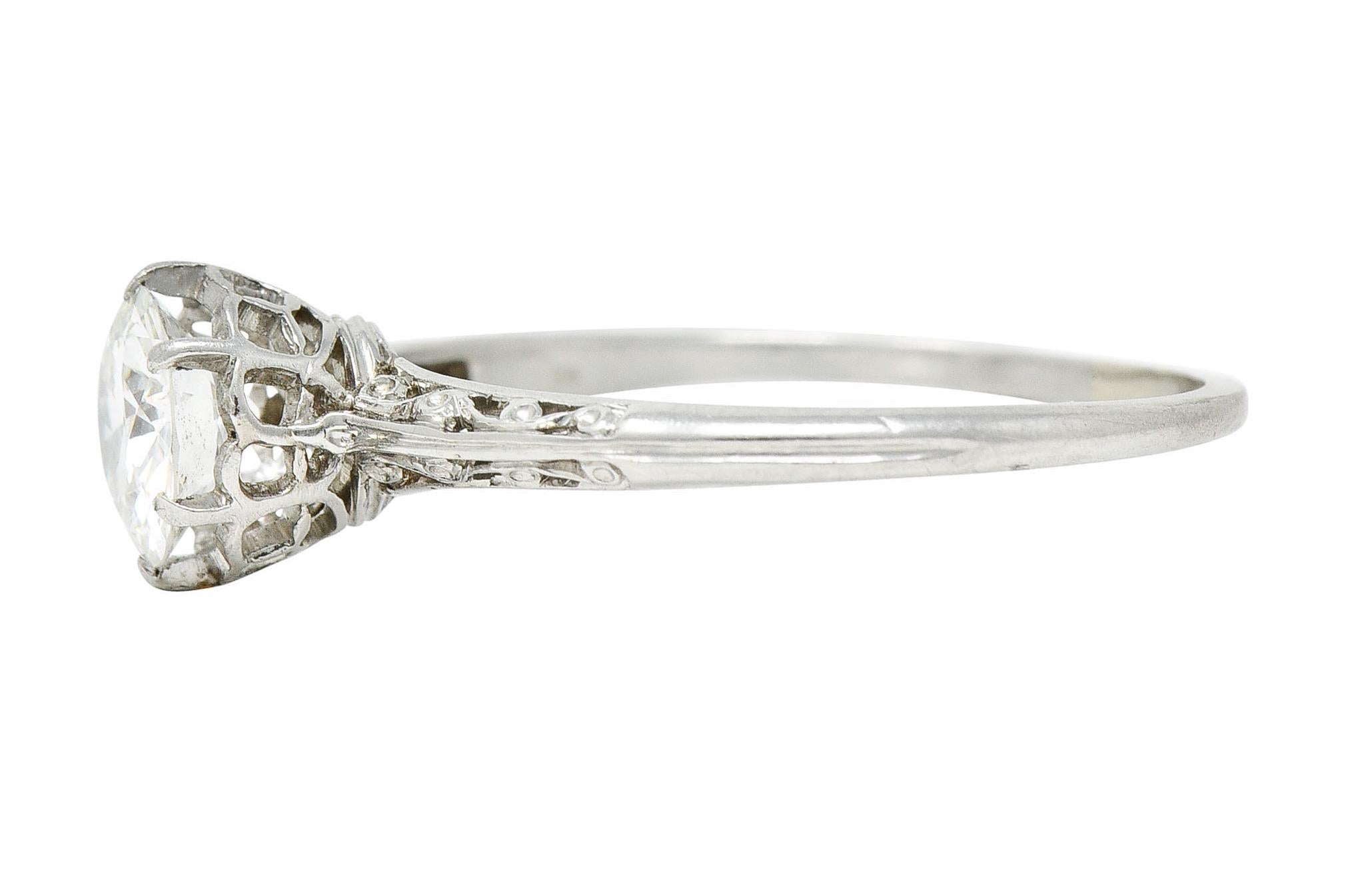 Women's or Men's Late Edwardian 0.78 Carat Diamond Platinum Filigree Engagement Ring
