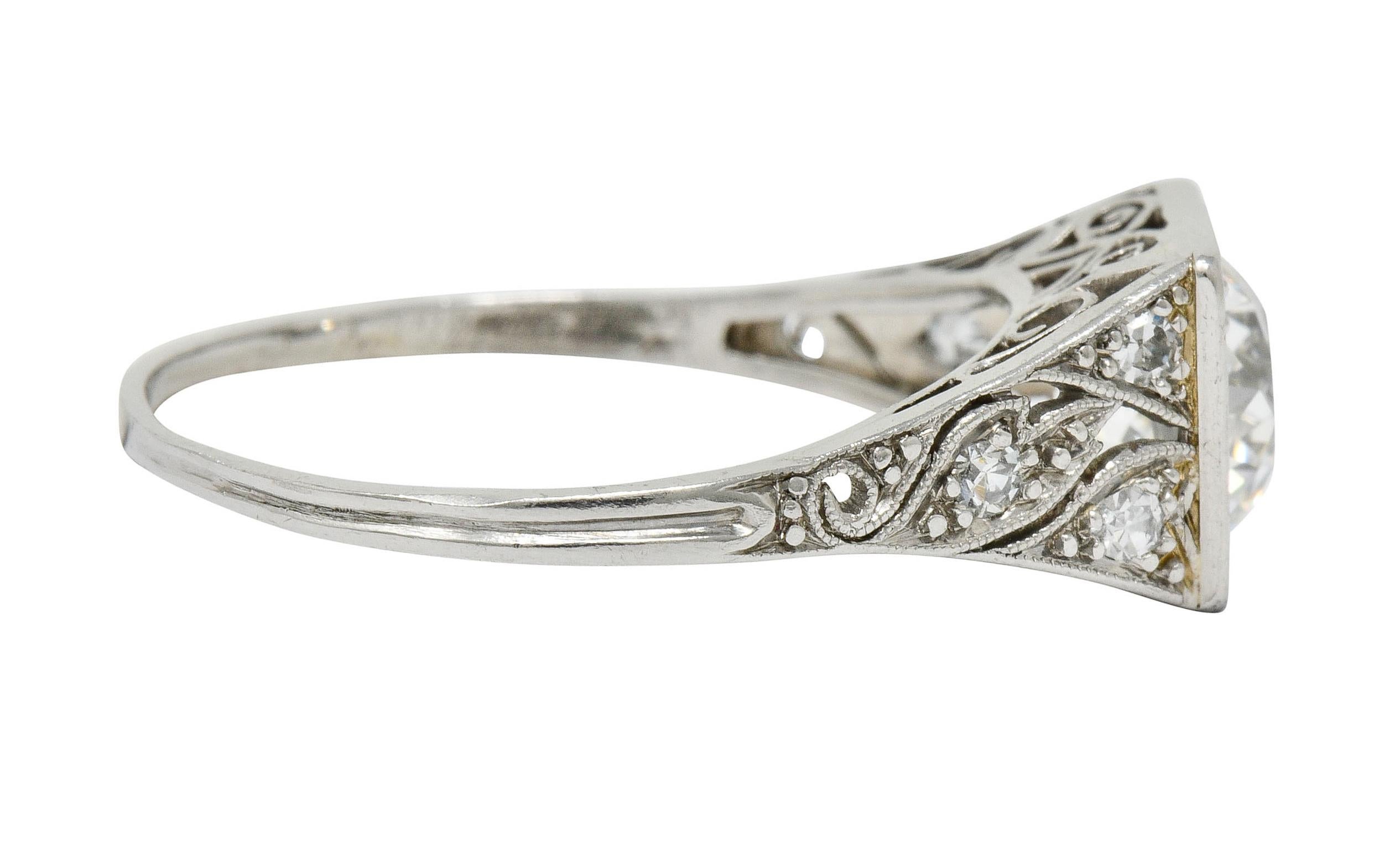Old European Cut Late Edwardian 1.77 Carat Diamond Platinum Filigree Engagement Ring, circa 1915