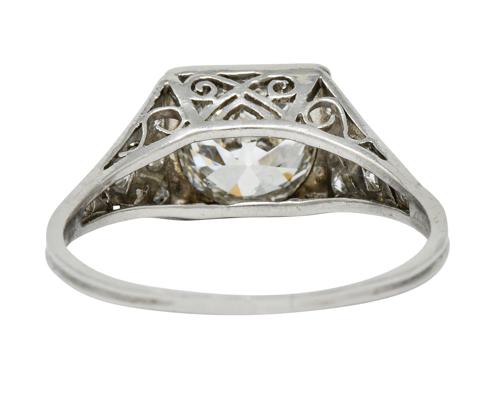 Late Edwardian 1.77 Carat Diamond Platinum Filigree Engagement Ring, circa 1915 In Excellent Condition In Philadelphia, PA