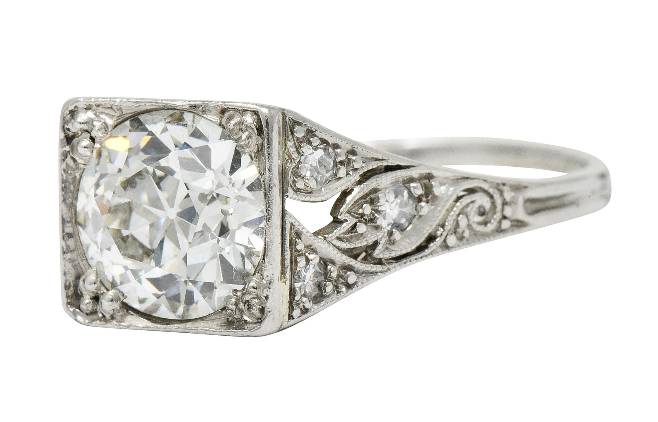 Late Edwardian 1.77 Carat Diamond Platinum Filigree Engagement Ring, circa 1915 1