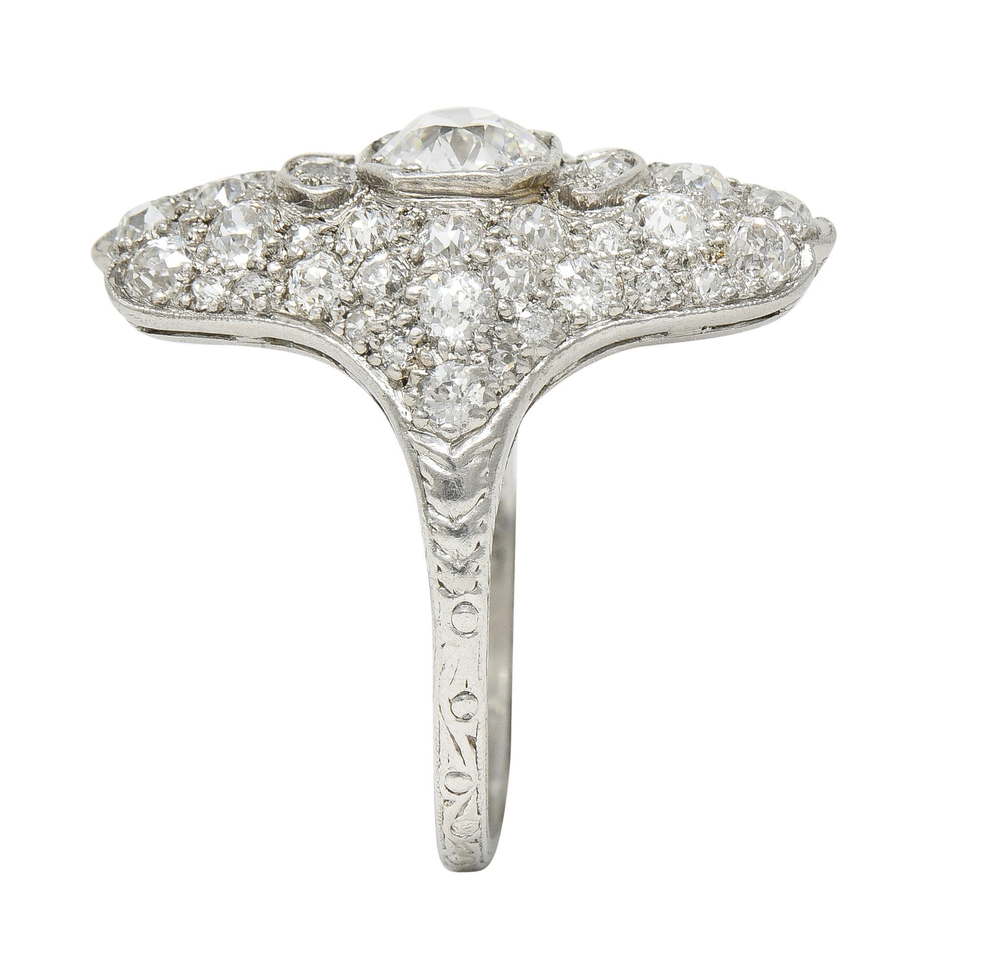 Late Edwardian 1.91 CTW Diamond Platinum Scroll Antique Dinner Ring For Sale 5