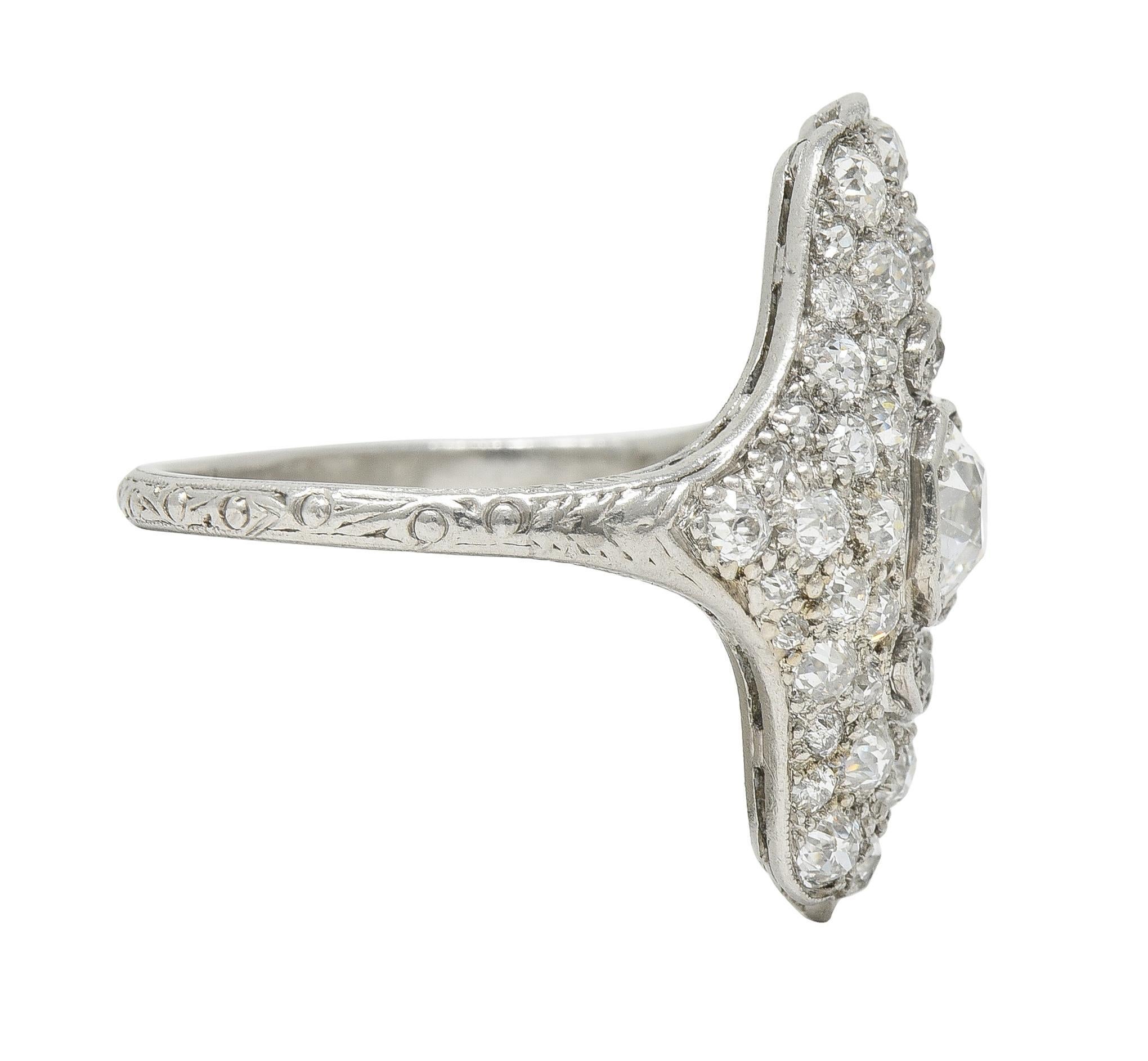 Old European Cut Late Edwardian 1.91 CTW Diamond Platinum Scroll Antique Dinner Ring For Sale