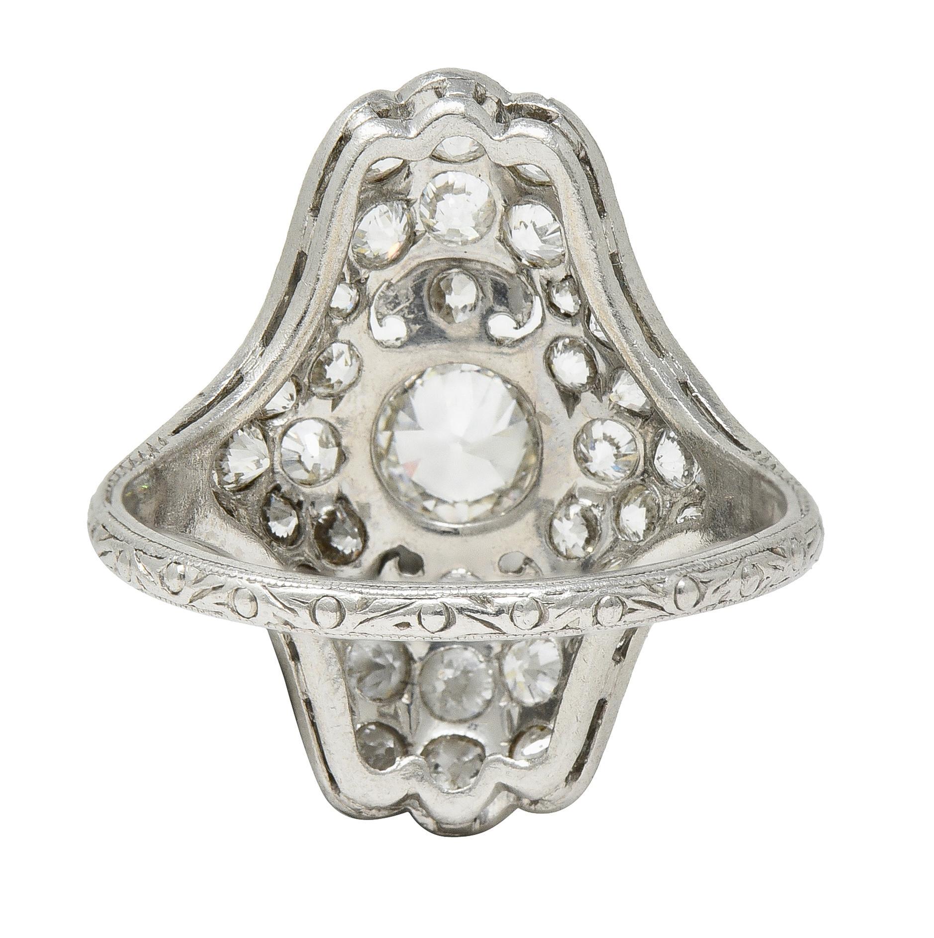 Late Edwardian 1.91 CTW Diamond Platinum Scroll Antique Dinner Ring In Excellent Condition For Sale In Philadelphia, PA