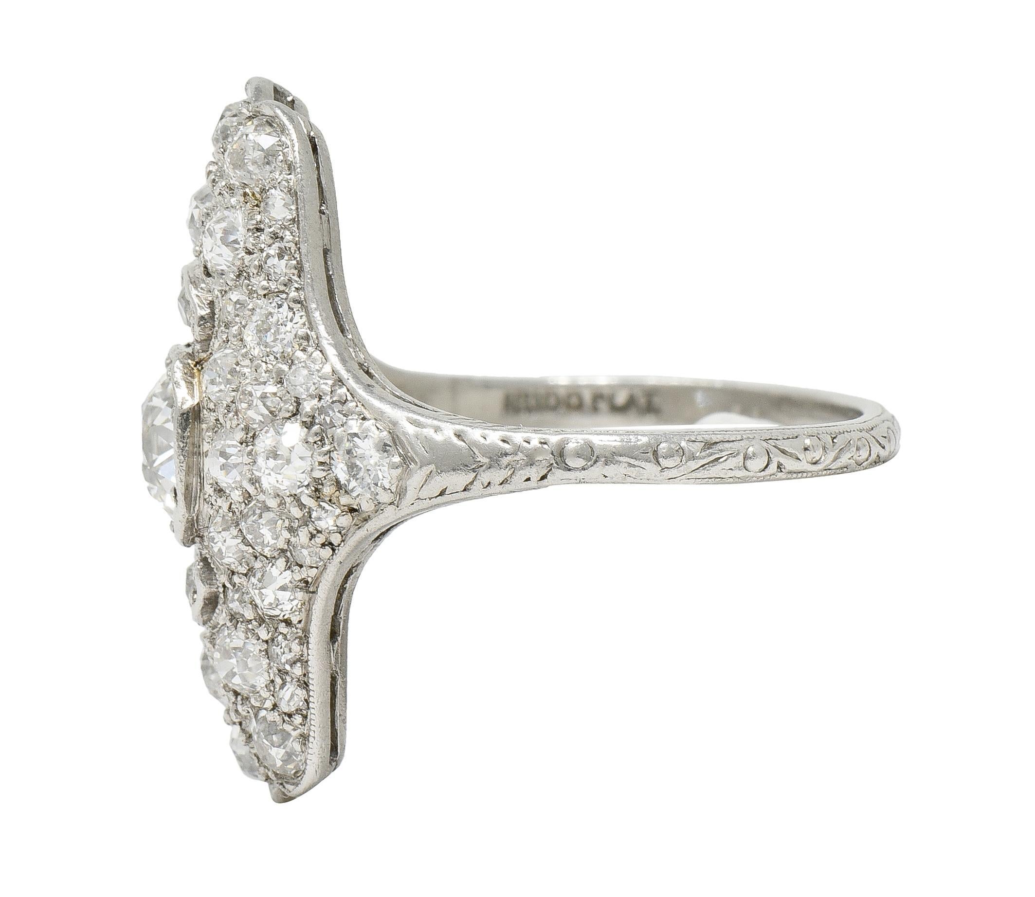 Women's or Men's Late Edwardian 1.91 CTW Diamond Platinum Scroll Antique Dinner Ring For Sale