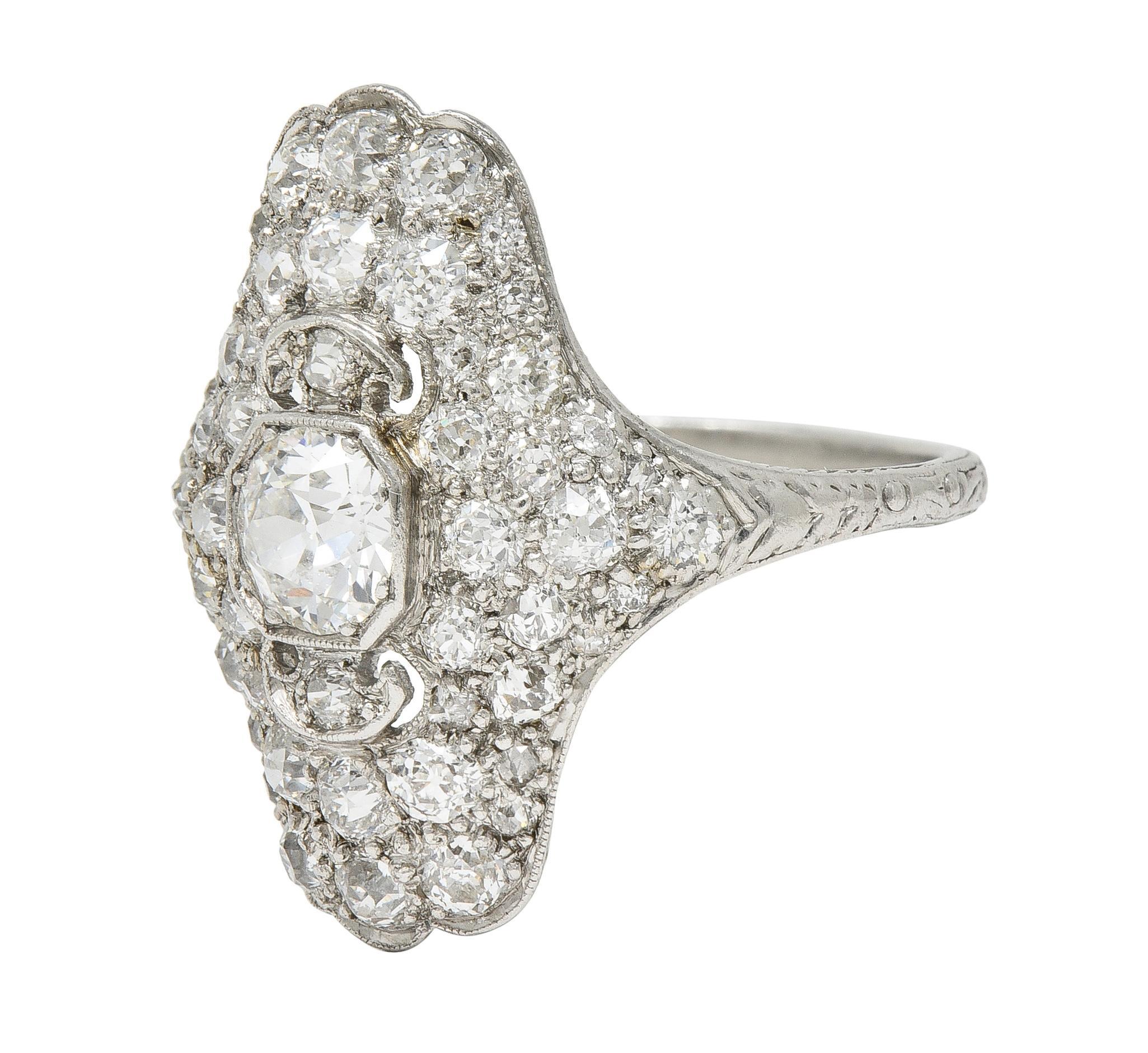 Late Edwardian 1.91 CTW Diamond Platinum Scroll Antique Dinner Ring For Sale 1