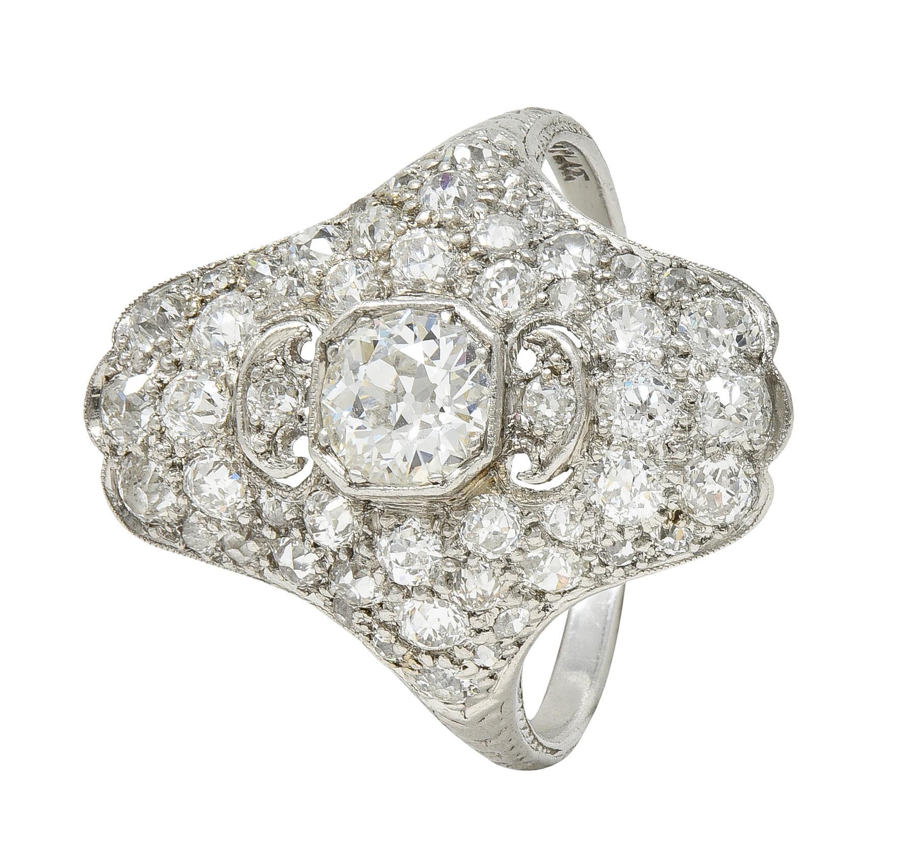 Late Edwardian 1.91 CTW Diamond Platinum Scroll Antique Dinner Ring For Sale 3