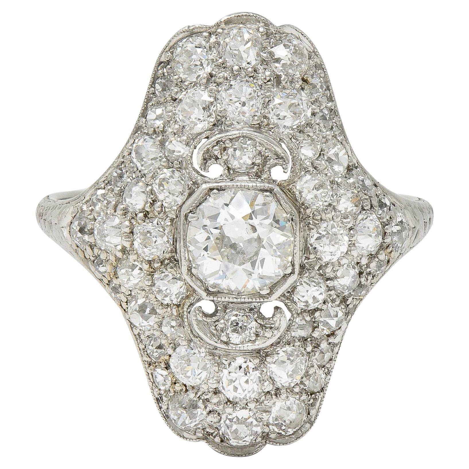 Late Edwardian 1.91 CTW Diamond Platinum Scroll Antique Dinner Ring For Sale