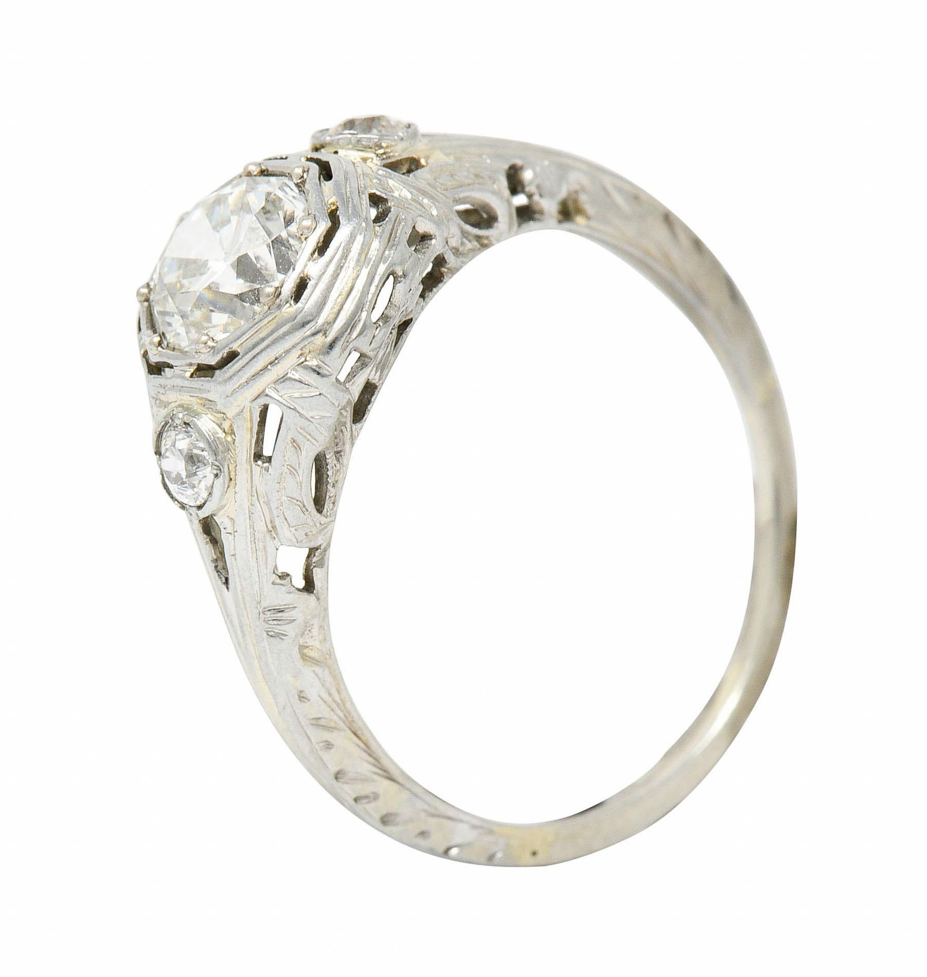 Late Edwardian Diamond 14 Karat White Gold Octagonal Bow Engagement Ring GIA 4