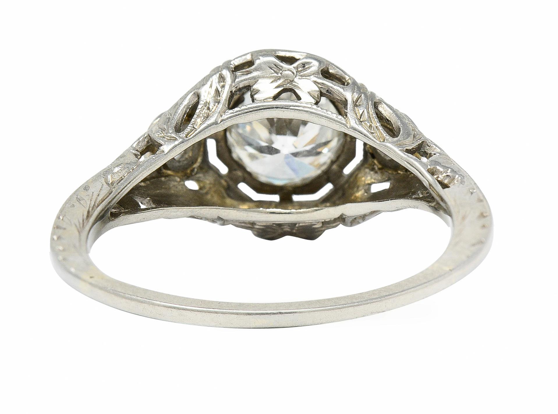 Old European Cut Late Edwardian Diamond 14 Karat White Gold Octagonal Bow Engagement Ring GIA