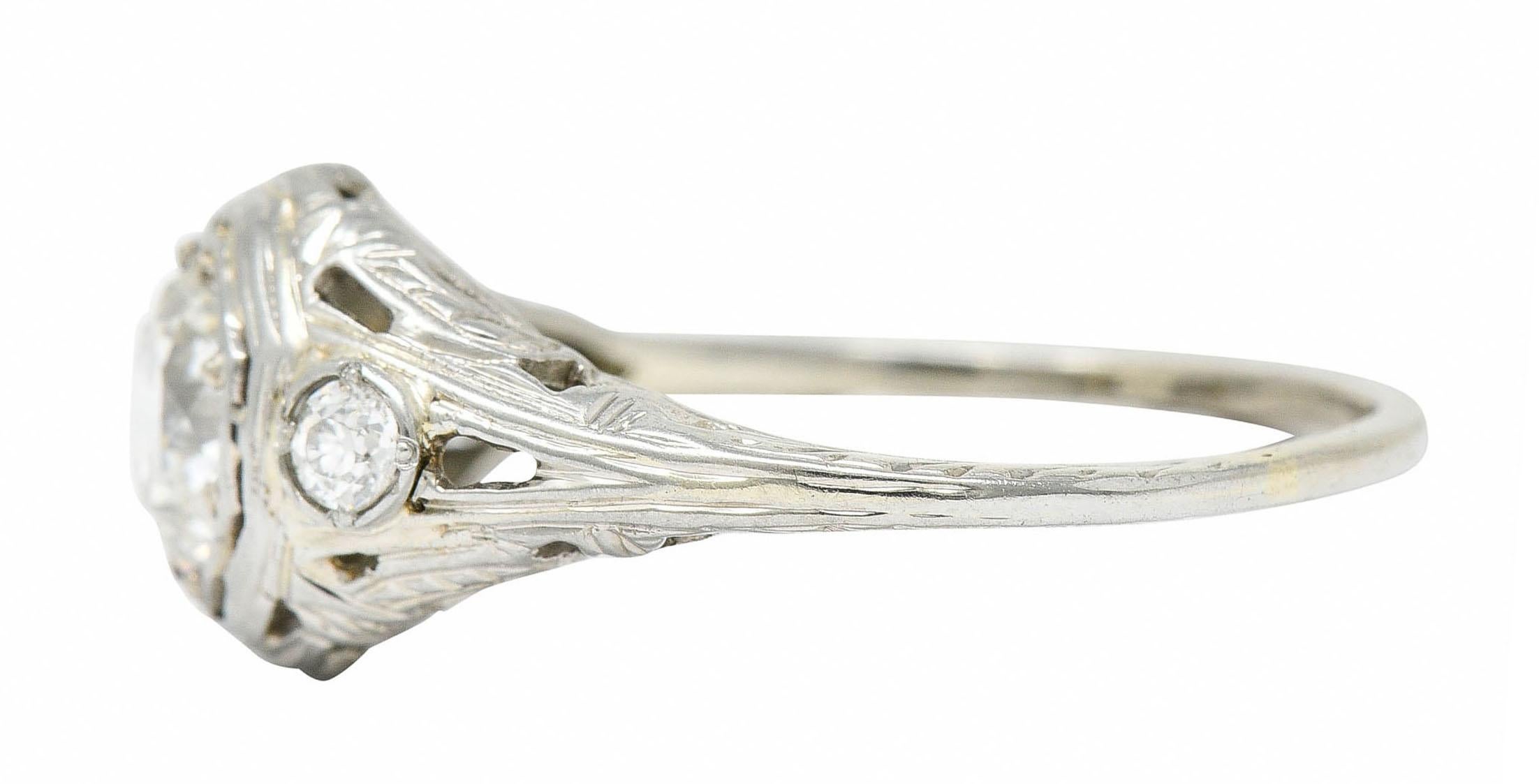 Late Edwardian Diamond 14 Karat White Gold Octagonal Bow Engagement Ring GIA In Excellent Condition In Philadelphia, PA