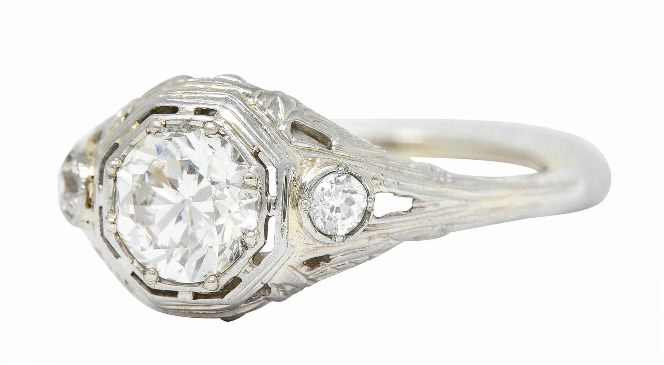 Women's or Men's Late Edwardian Diamond 14 Karat White Gold Octagonal Bow Engagement Ring GIA