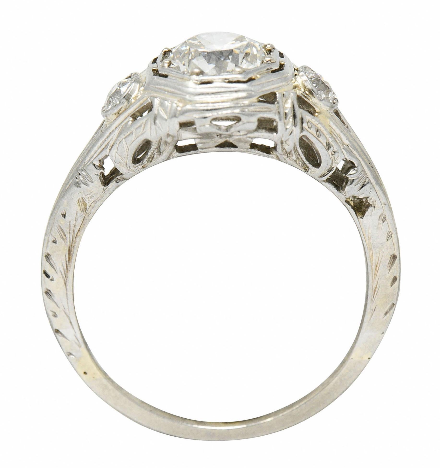 Late Edwardian Diamond 14 Karat White Gold Octagonal Bow Engagement Ring GIA 1