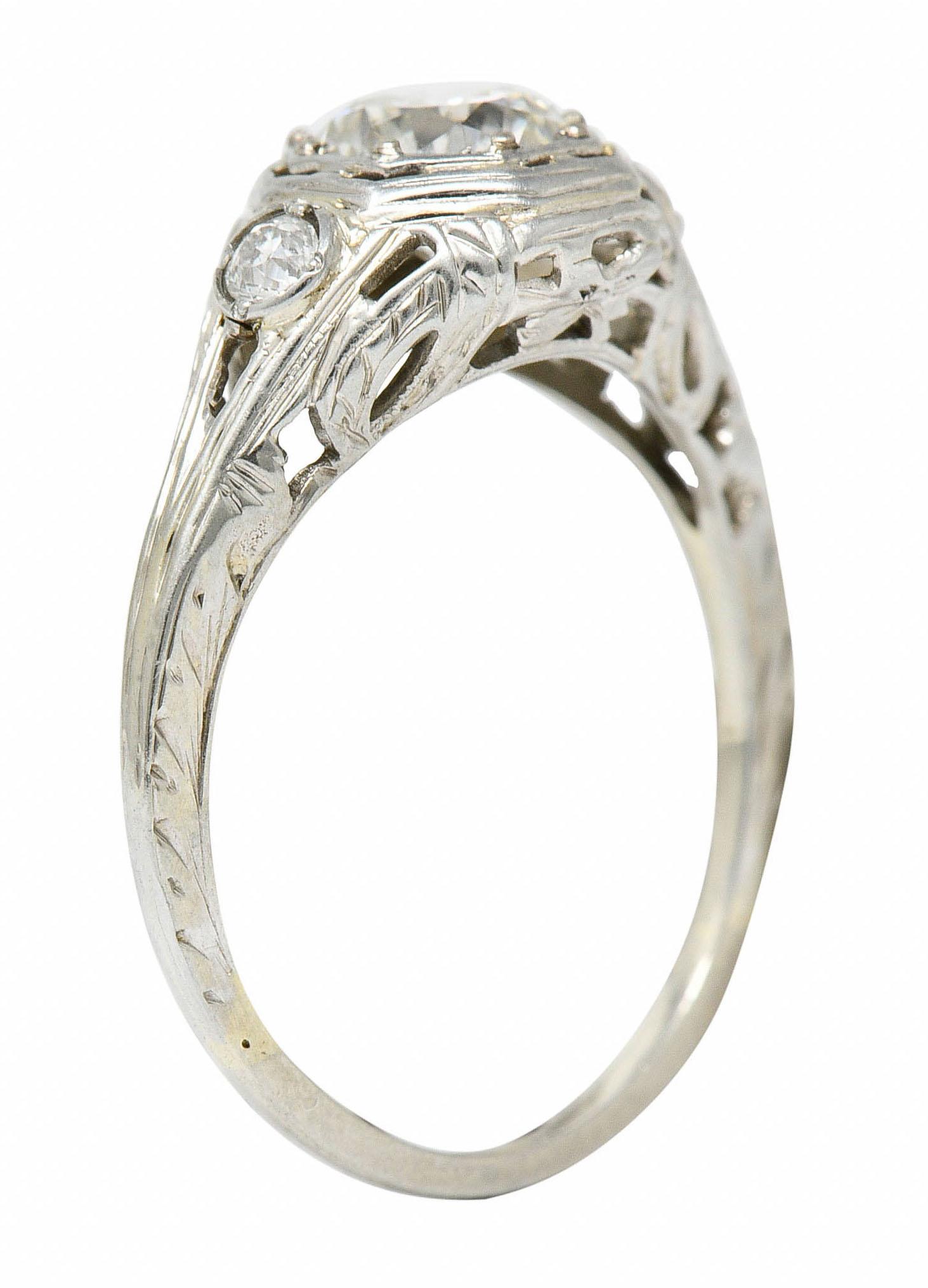 Late Edwardian Diamond 14 Karat White Gold Octagonal Bow Engagement Ring GIA 2