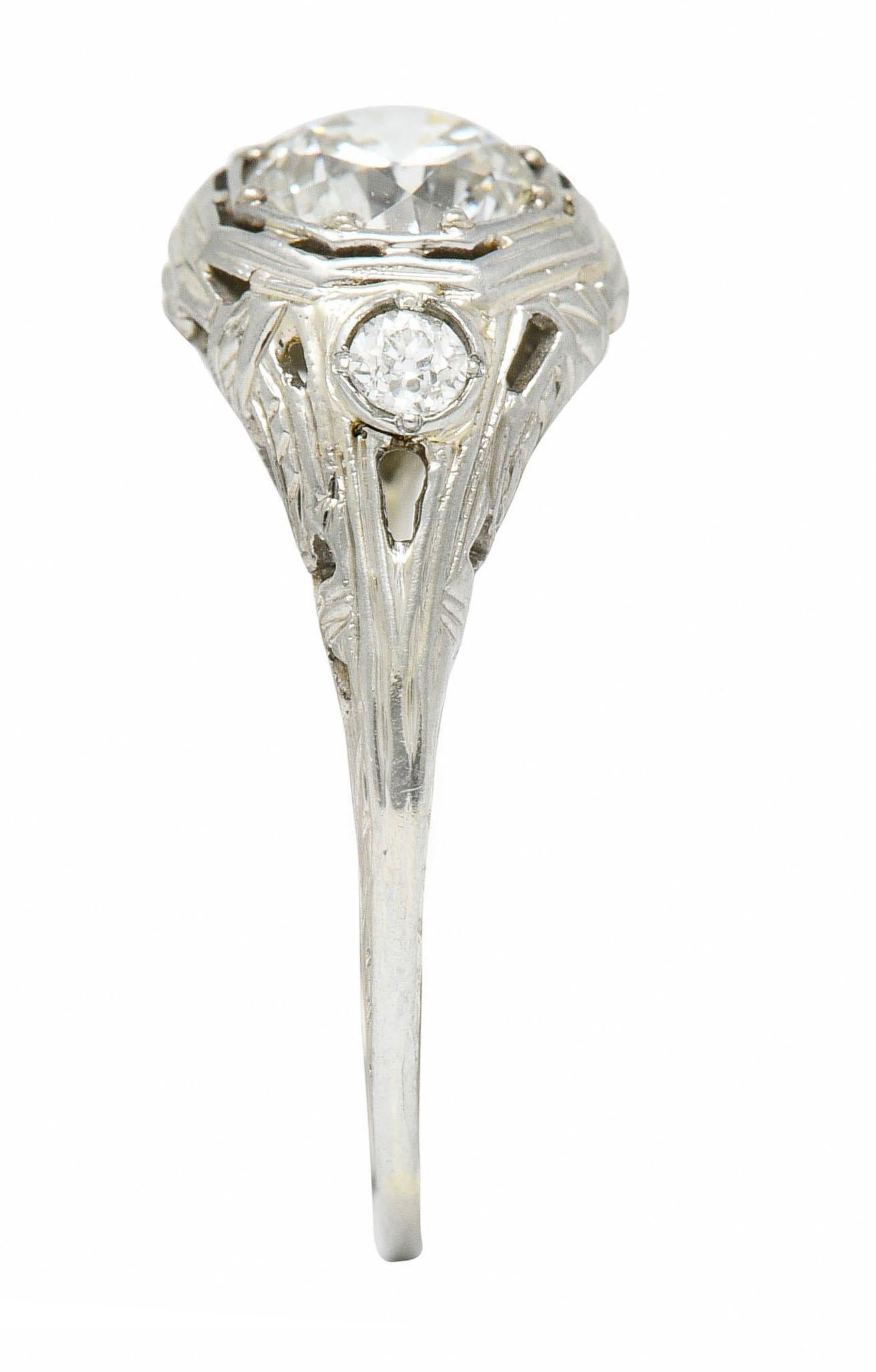 Late Edwardian Diamond 14 Karat White Gold Octagonal Bow Engagement Ring GIA 3