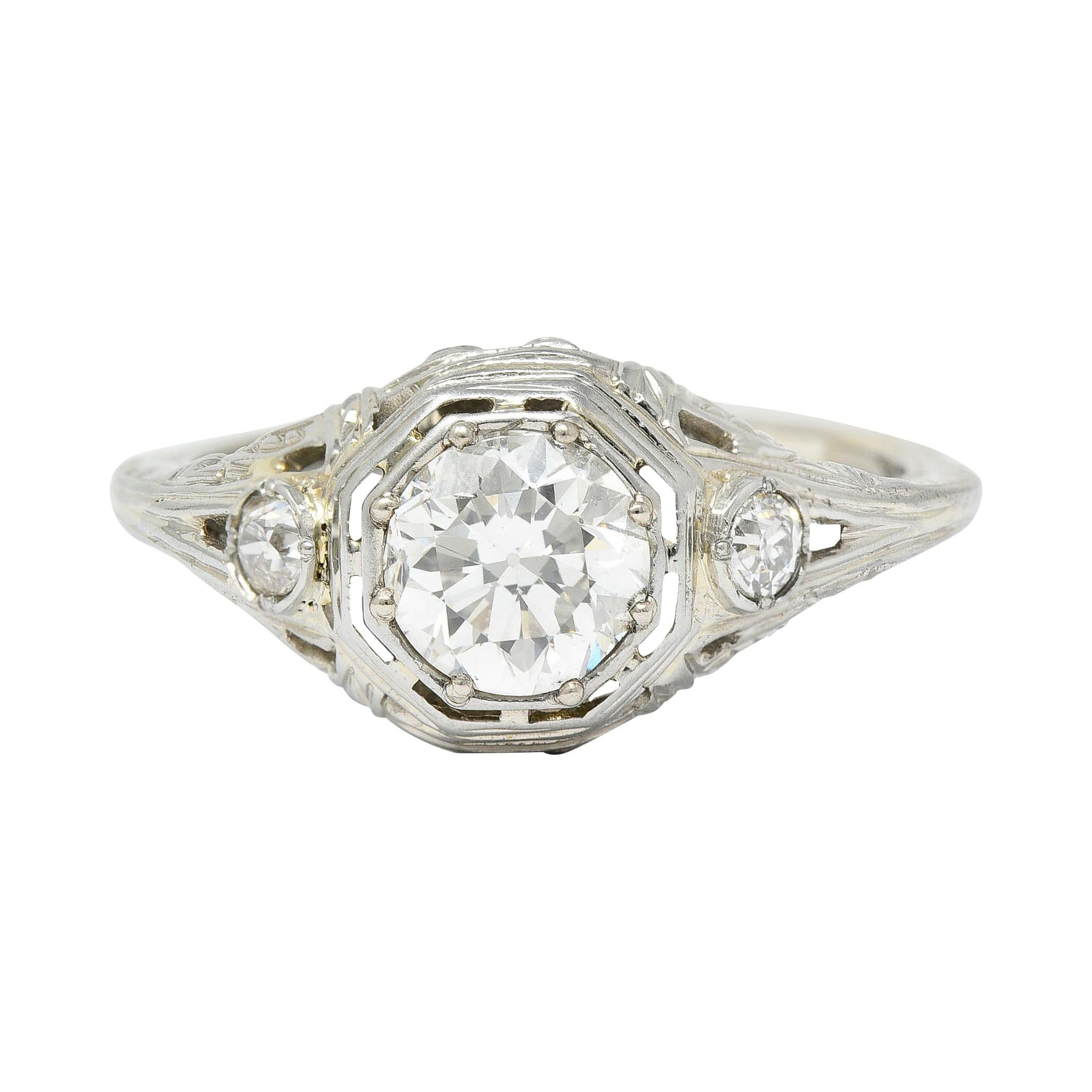 Late Edwardian Diamond 14 Karat White Gold Octagonal Bow Engagement Ring GIA