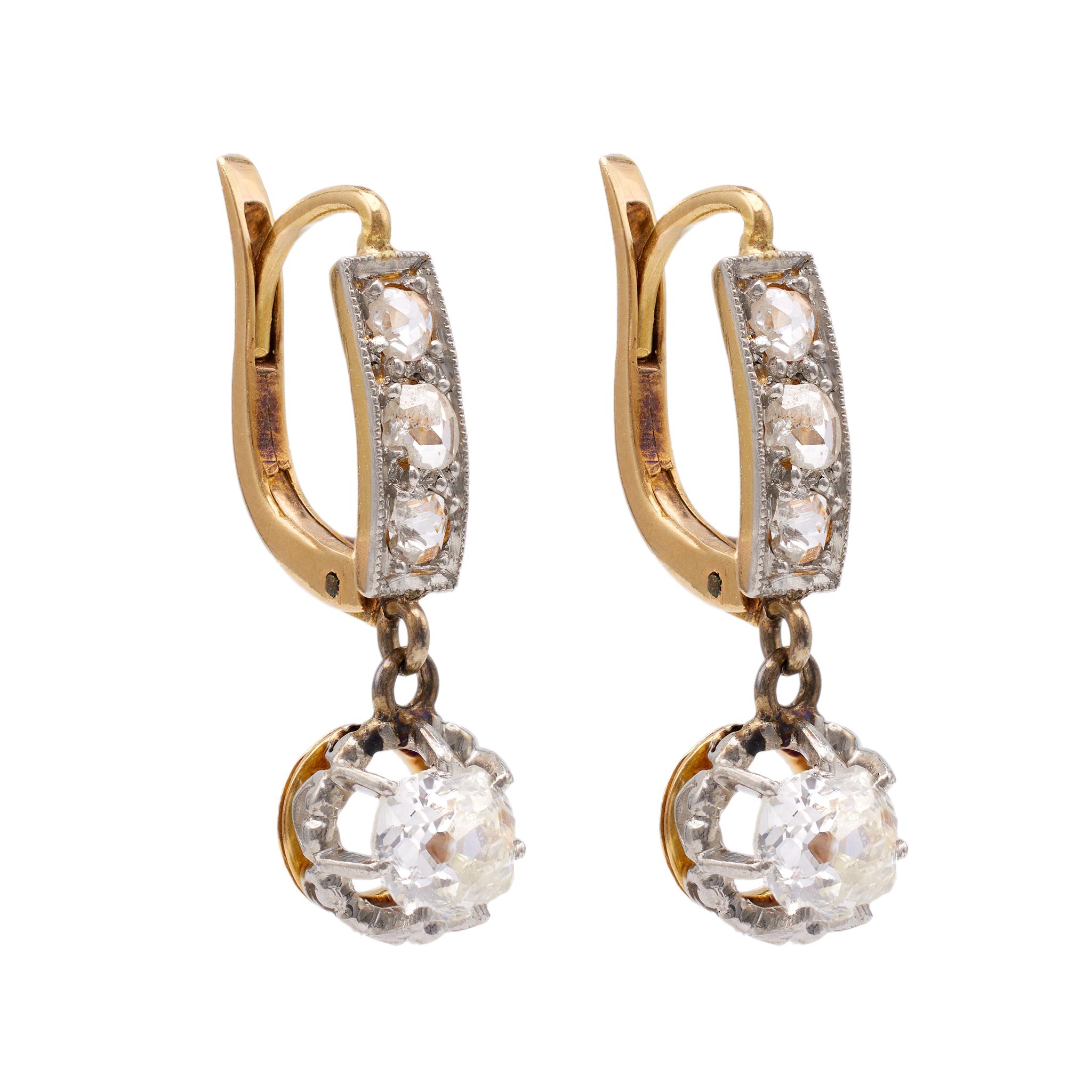 Women's or Men's Late Edwardian Diamond 18k Gold Platinum Drop Earrings For Sale