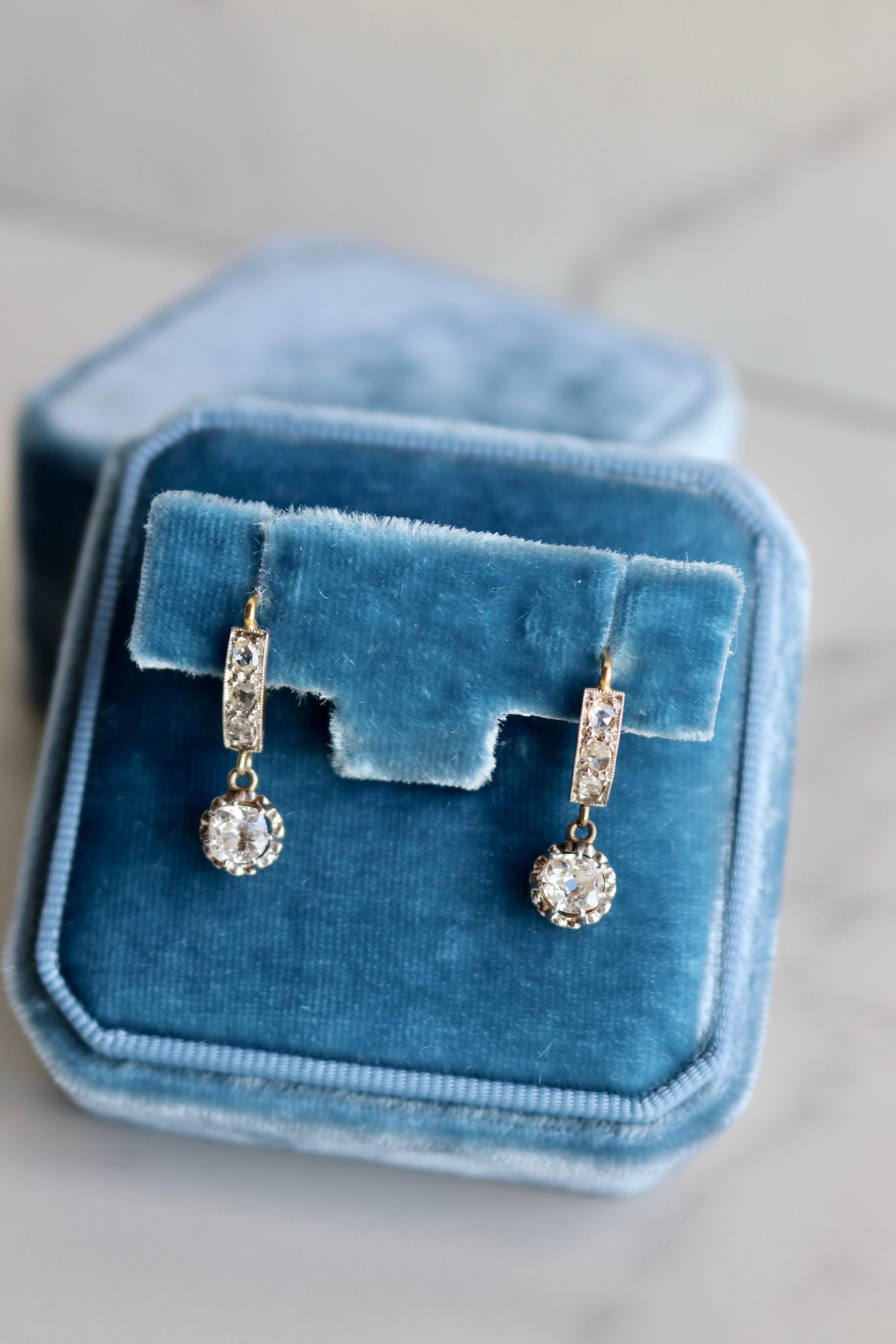 Late Edwardian Diamond 18k Gold Platinum Drop Earrings For Sale 1