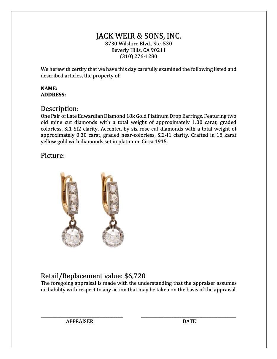 Late Edwardian Diamond 18k Gold Platinum Drop Earrings For Sale 2