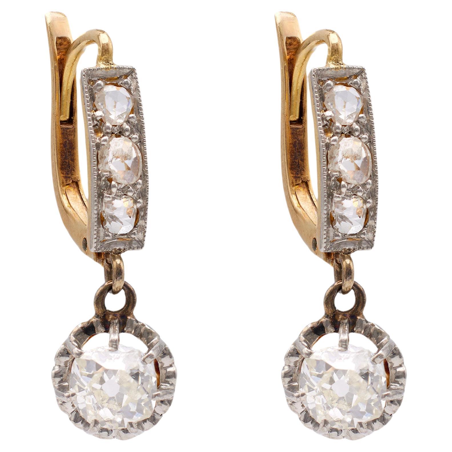 Late Edwardian Diamond 18k Gold Platinum Drop Earrings For Sale