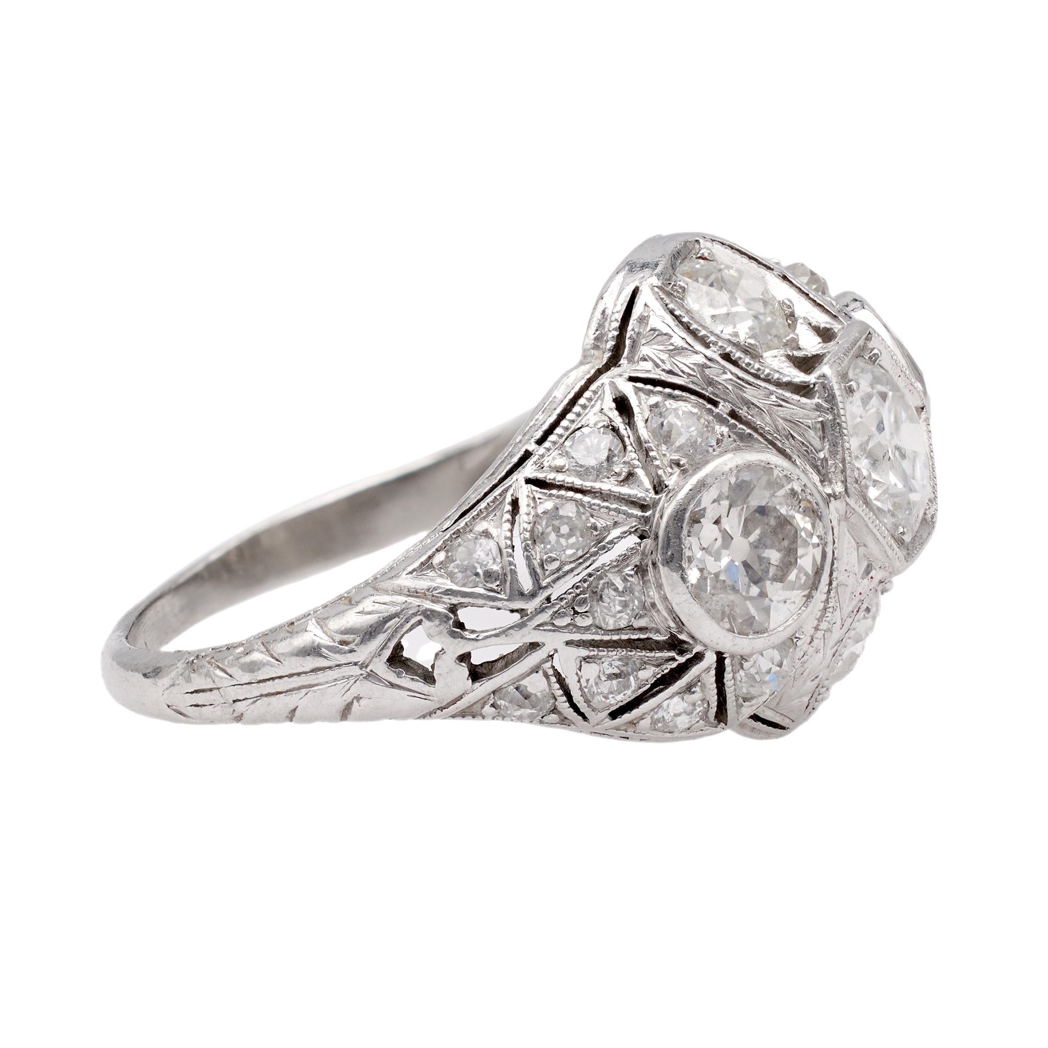 Women's or Men's Late Edwardian Diamond Platinum Three Stone Filigree Ring