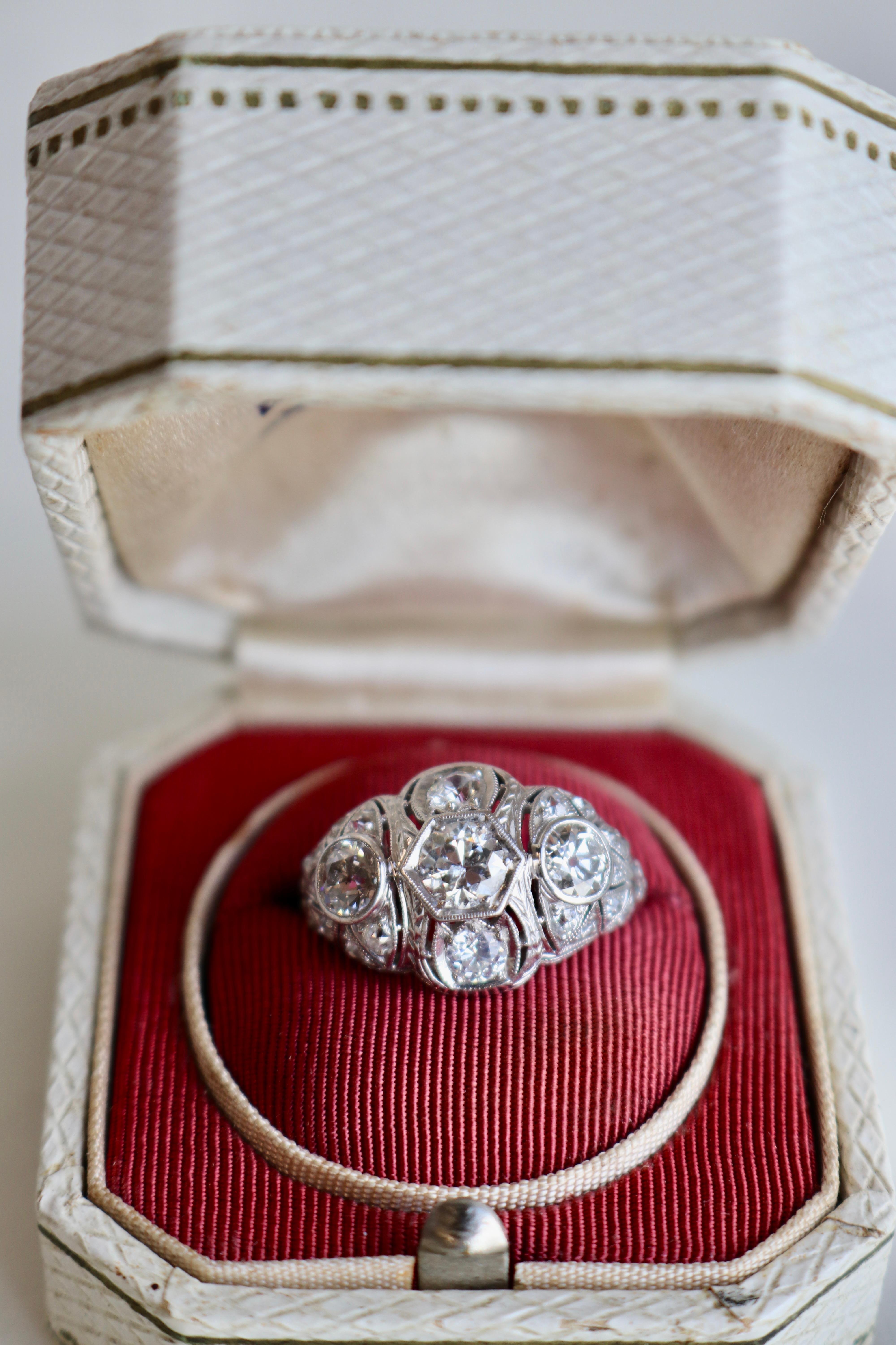 Late Edwardian Diamond Platinum Three Stone Filigree Ring 1
