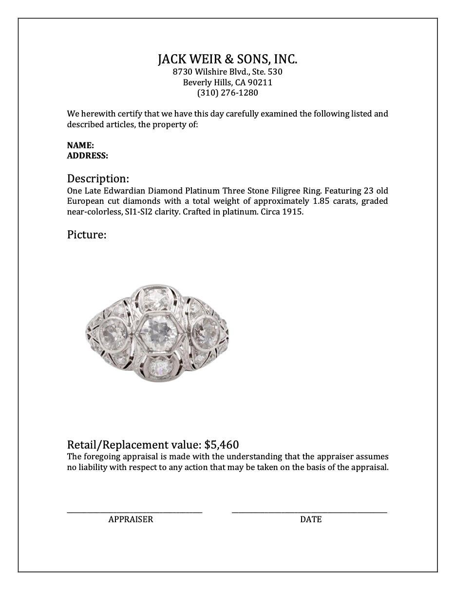 Late Edwardian Diamond Platinum Three Stone Filigree Ring 2