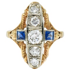 Late Edwardian Diamond Sapphire Platinum-Topped 14 Karat Gold Dinner Ring