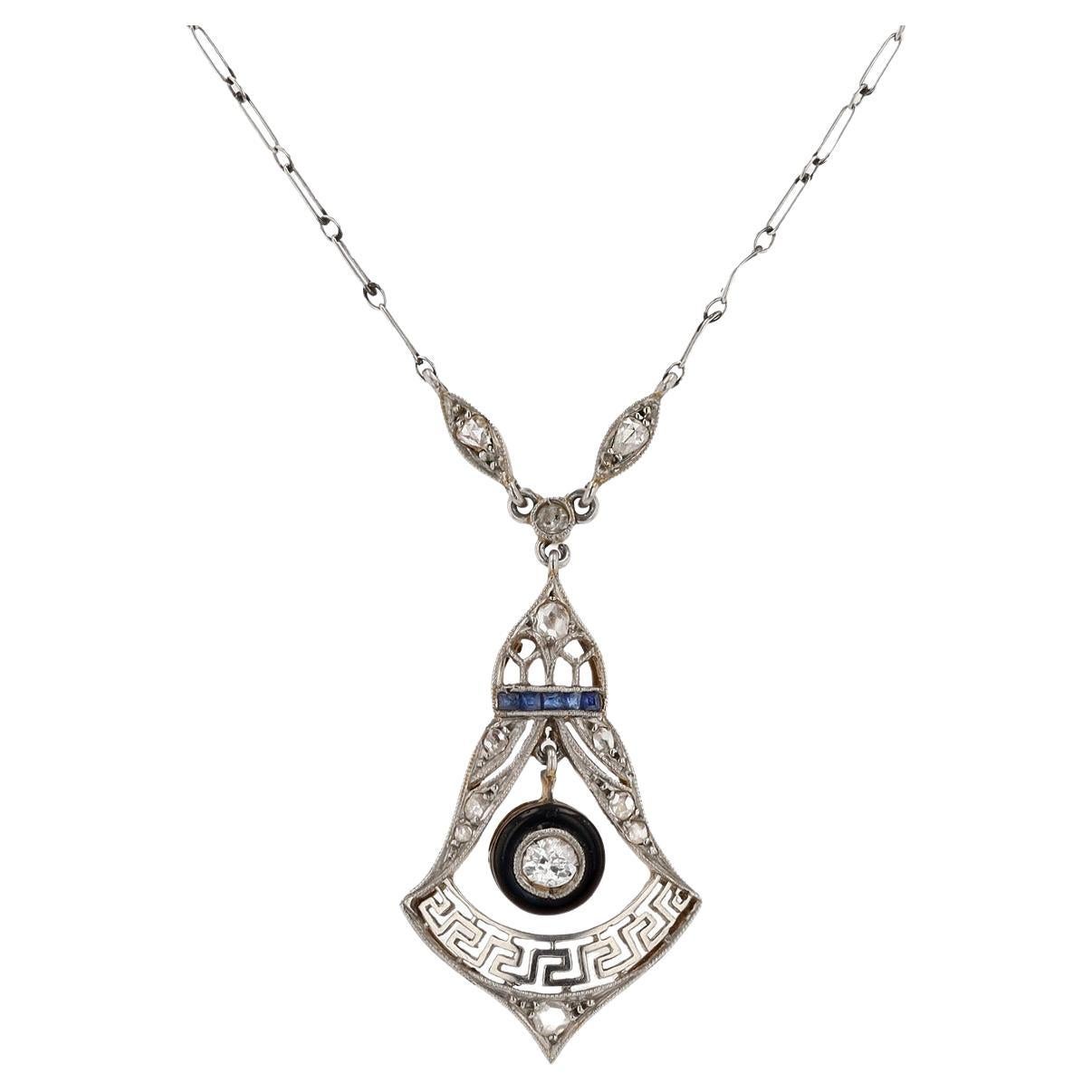 Late Edwardian-Early Art Deco Diamond and Onyx Filigree Pendant Necklace For Sale
