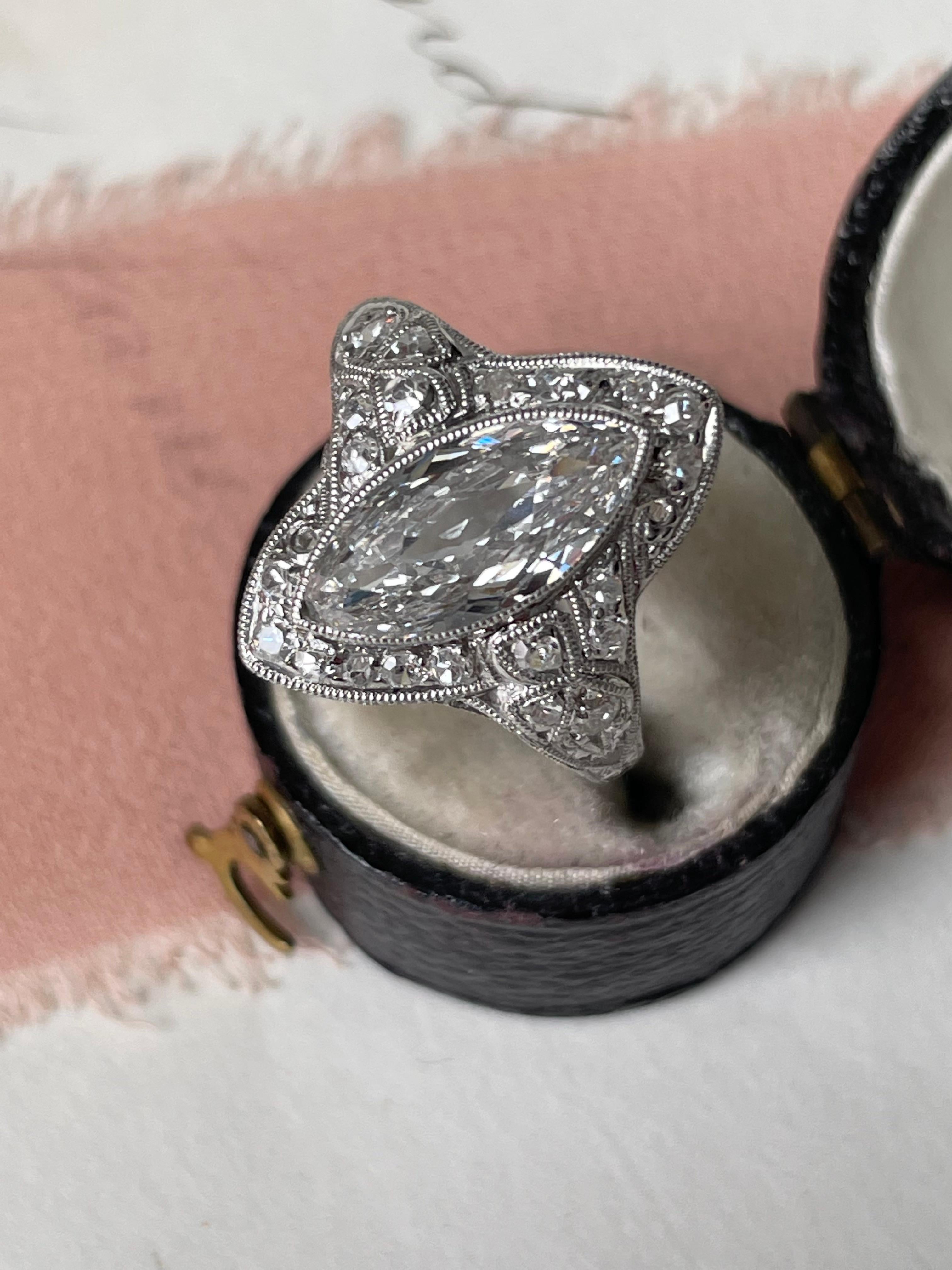 Late Edwardian/ Early Art Deco Marquise Cut Diamond Engagement Ring For Sale 1