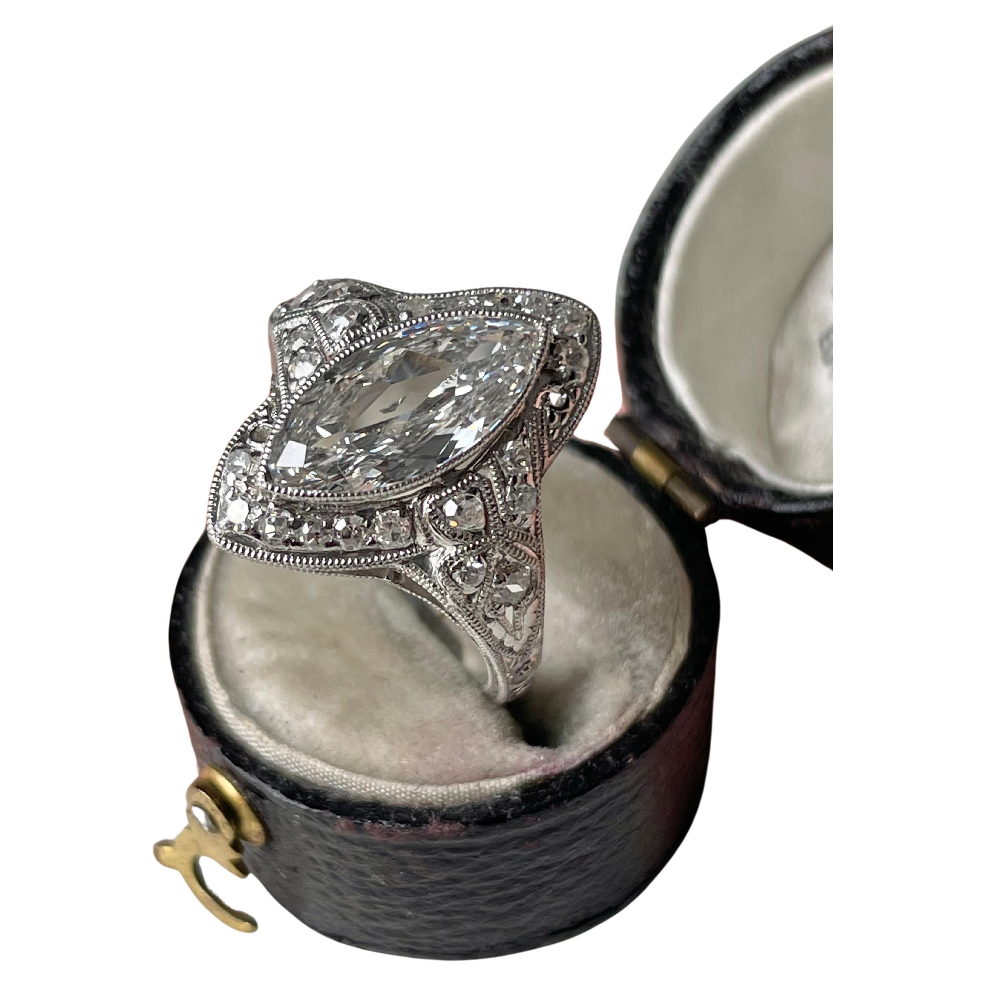 Late Edwardian/ Early Art Deco Marquise Cut Diamond Engagement Ring For Sale