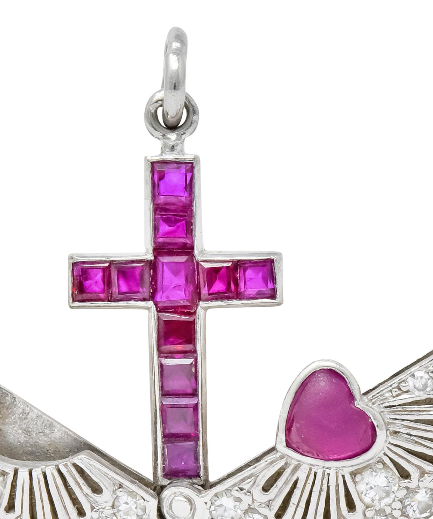 Late Edwardian Ruby Diamond Platinum Sacred Heart Cross Articulated Charm 2