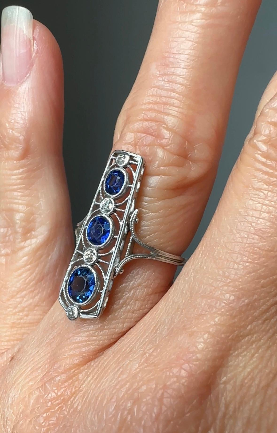 Oval Cut Late Edwardian Sapphire and Diamond Elongated Ring For Sale