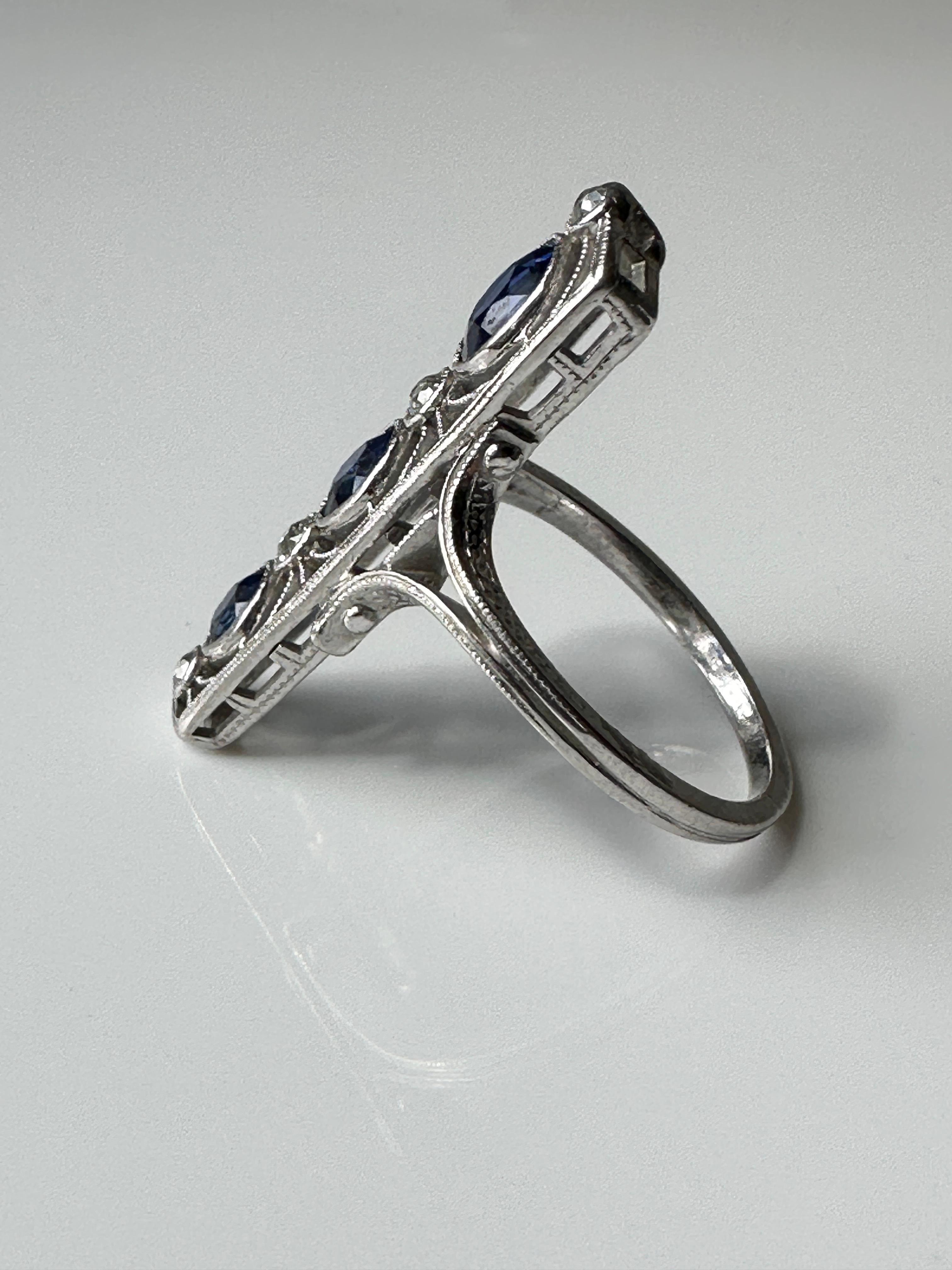 Late Edwardian Sapphire and Diamond Elongated Ring In Good Condition For Sale In Hummelstown, PA
