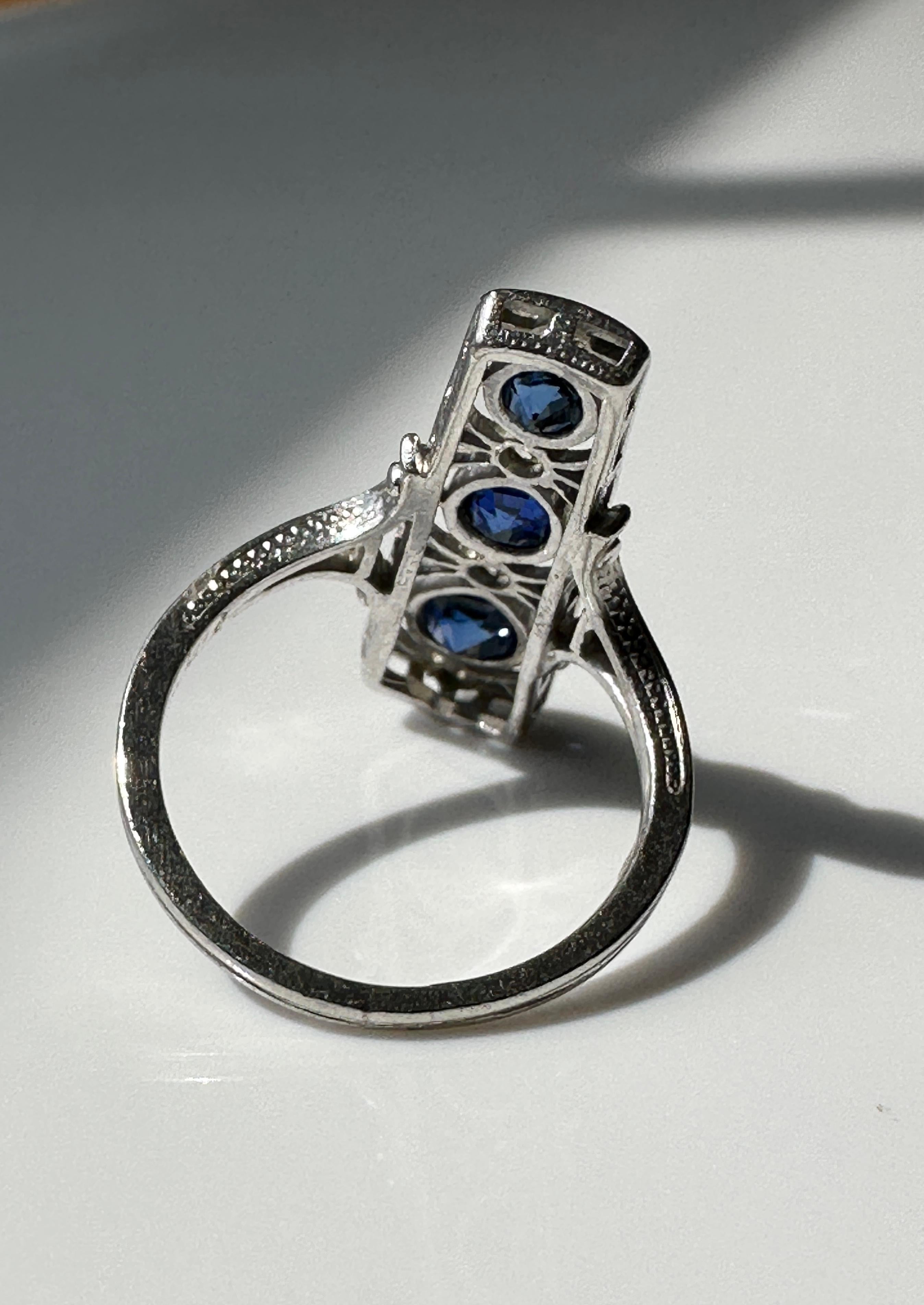 Women's or Men's Late Edwardian Sapphire and Diamond Elongated Ring For Sale