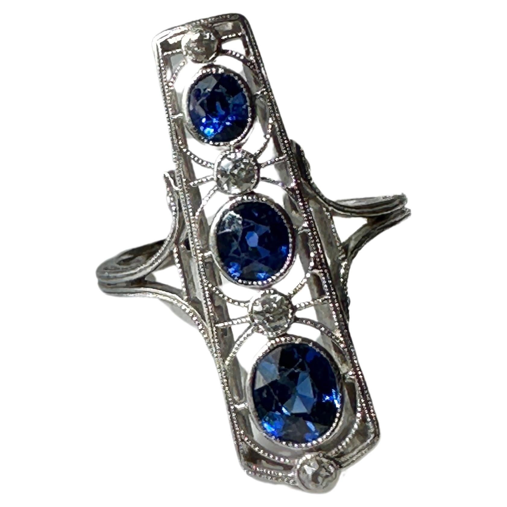 Late Edwardian Sapphire and Diamond Elongated Ring For Sale