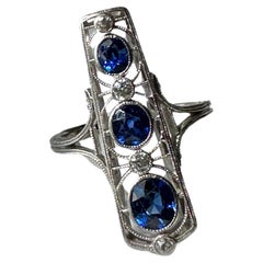 Antique Late Edwardian Sapphire and Diamond Elongated Ring