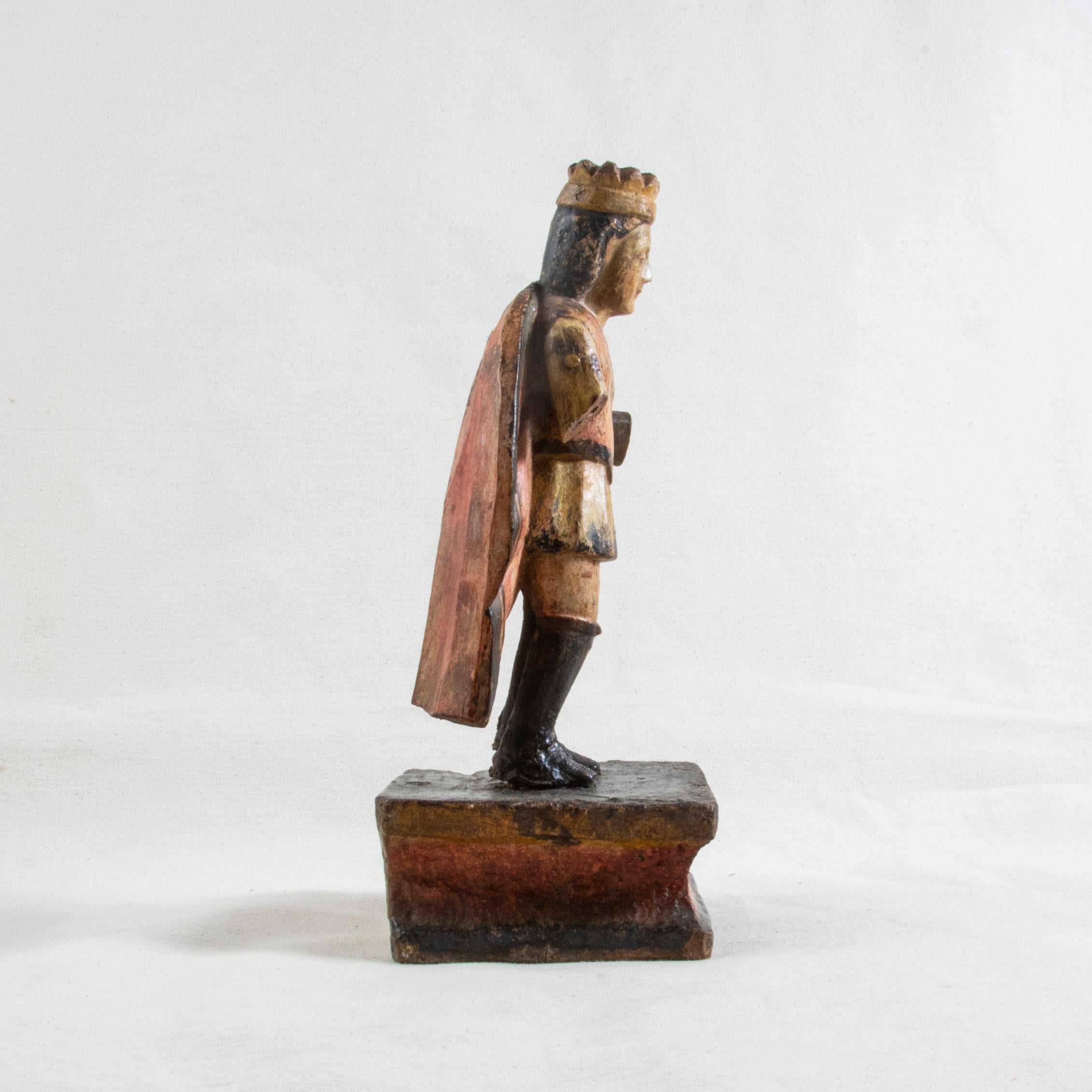 Wood Late 18th Century Spanish Hand Carved Polychrome King Sculpture