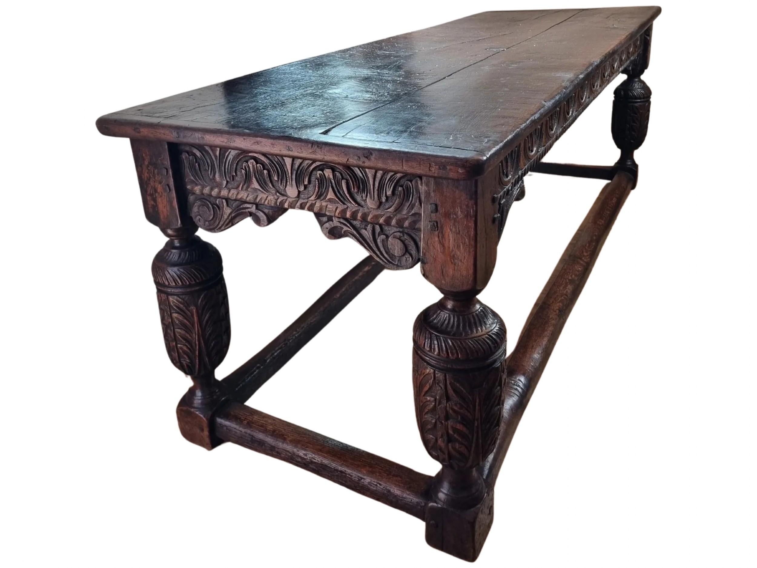 An English Oak Refectory Table, dating back the late Elizabethan period . circa 1600, a rare and stunning example  .  The table is surprisingly original  . Retaining all its original timbers with its magnificent original two planked oak top with