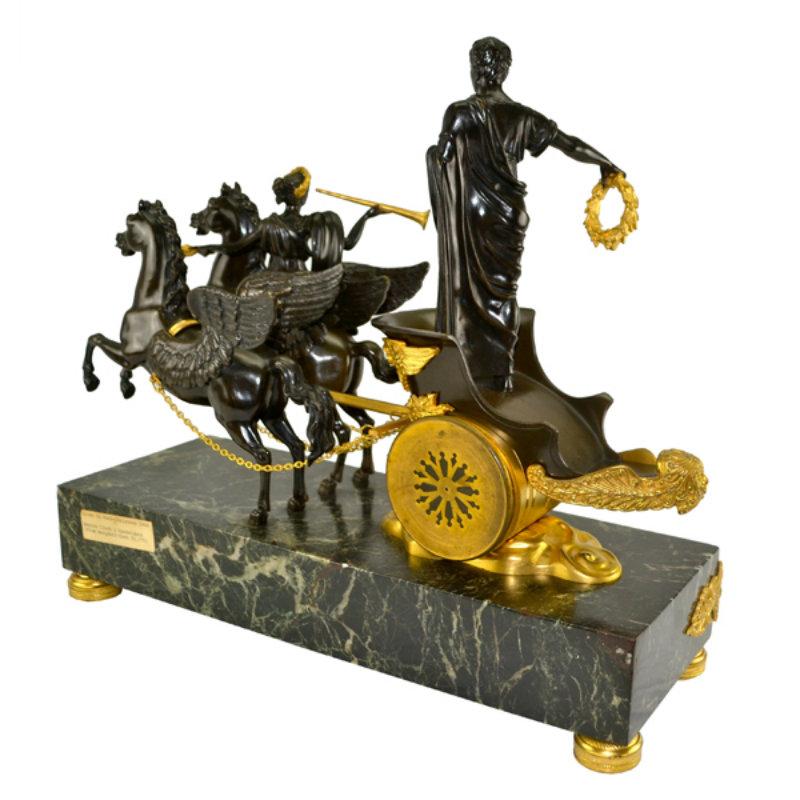 Patinated Late Empire ‘Roman Triumph’ Chariot Clock Garniture