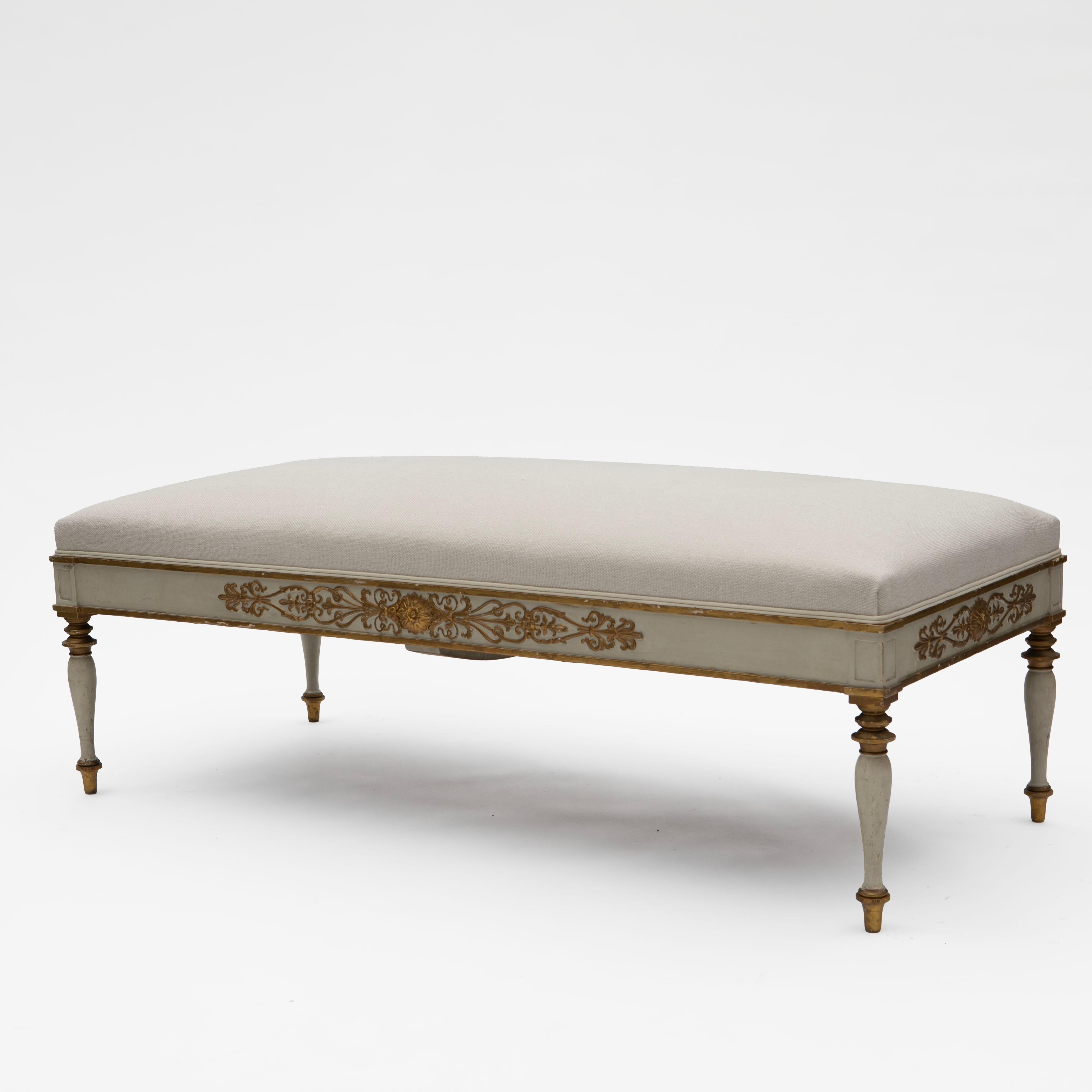 19th Century Late Empire Upholstered Bench with Carved Gilt Carvings For Sale