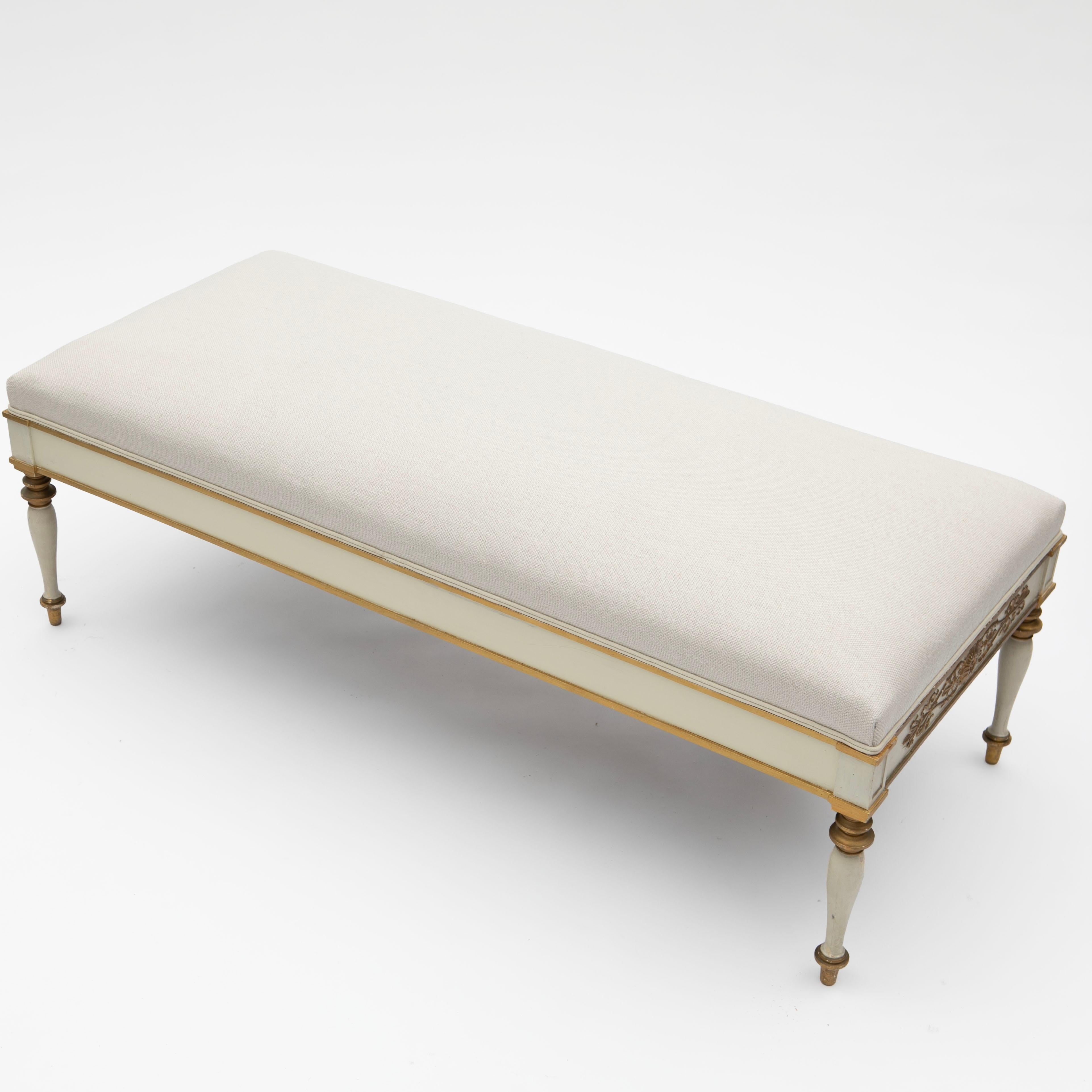 Fabric Late Empire Upholstered Bench with Carved Gilt Carvings For Sale