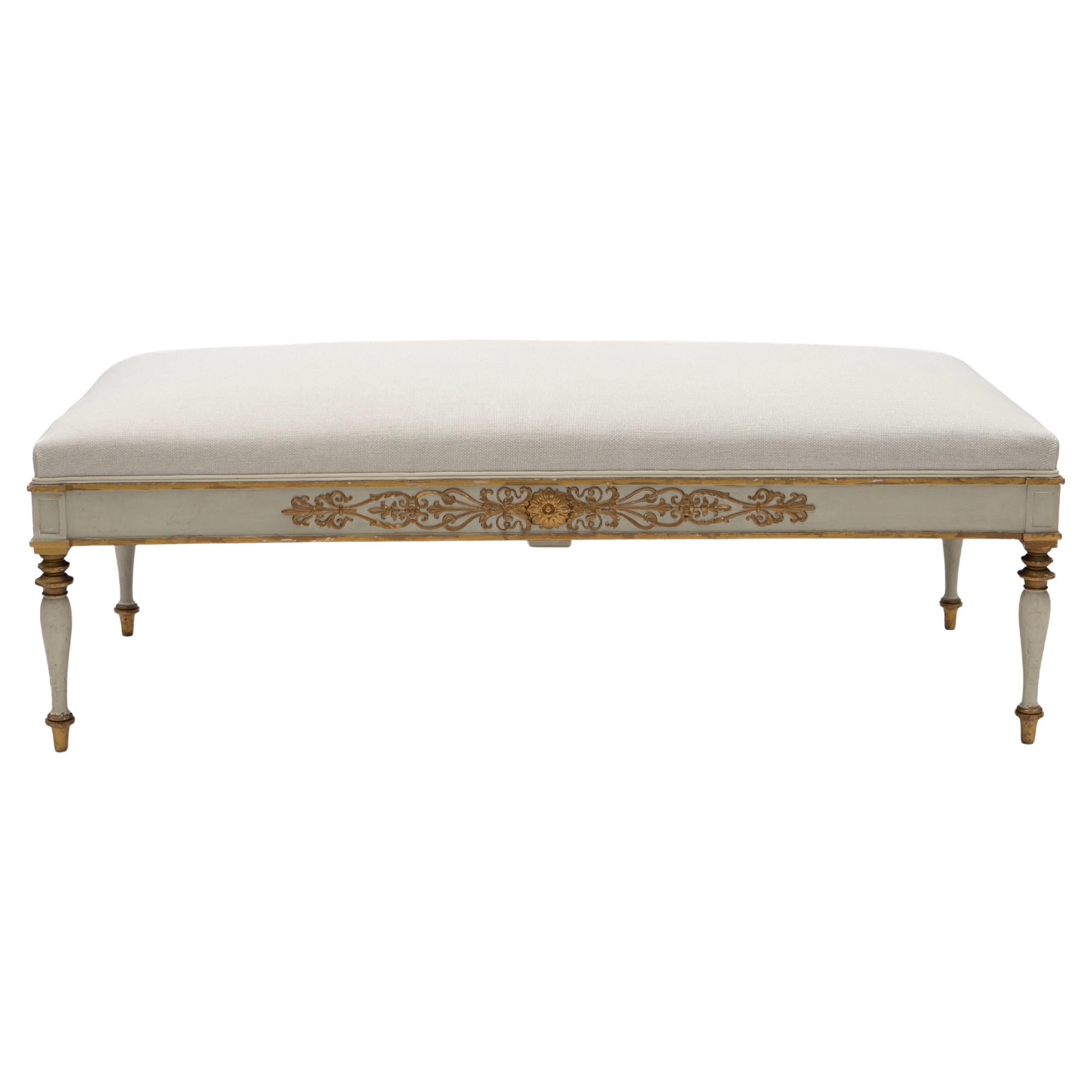 Late Empire Upholstered Bench with Carved Gilt Carvings For Sale