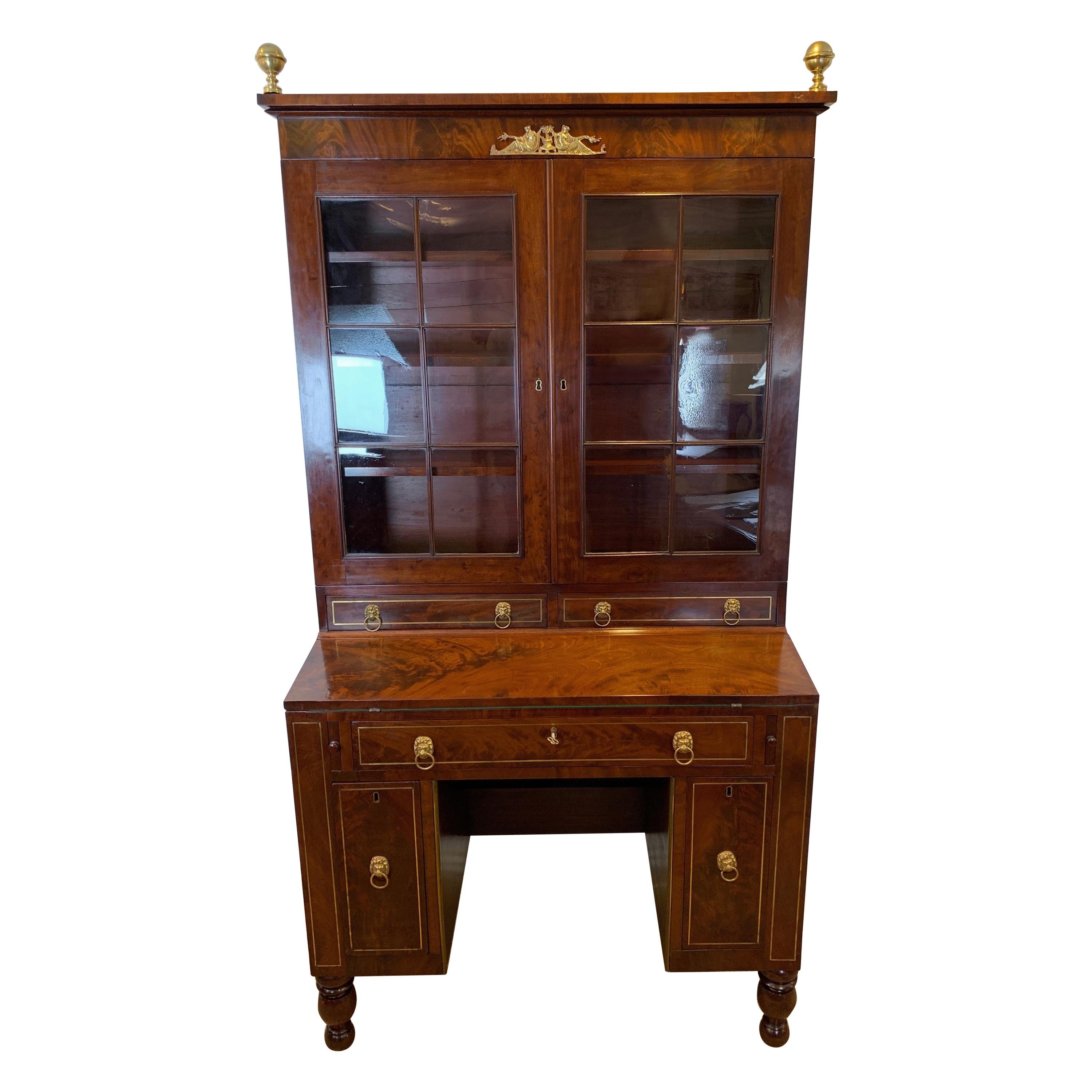 Late Federal Desk and Bookcase in Walnut with Brass Inlay, 1820-1830