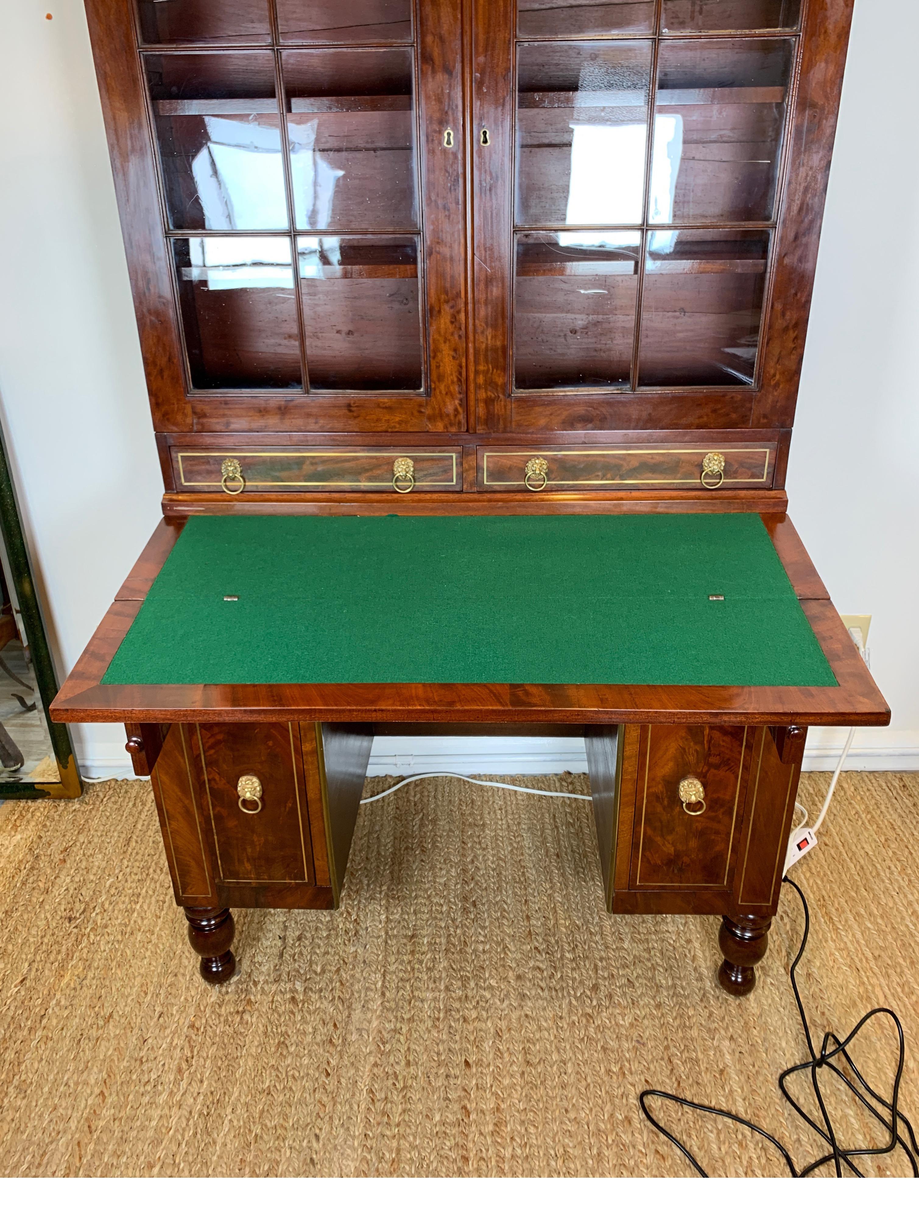 Glass Late Federal Desk and Bookcase in Walnut with Brass Inlay, 1820-1830
